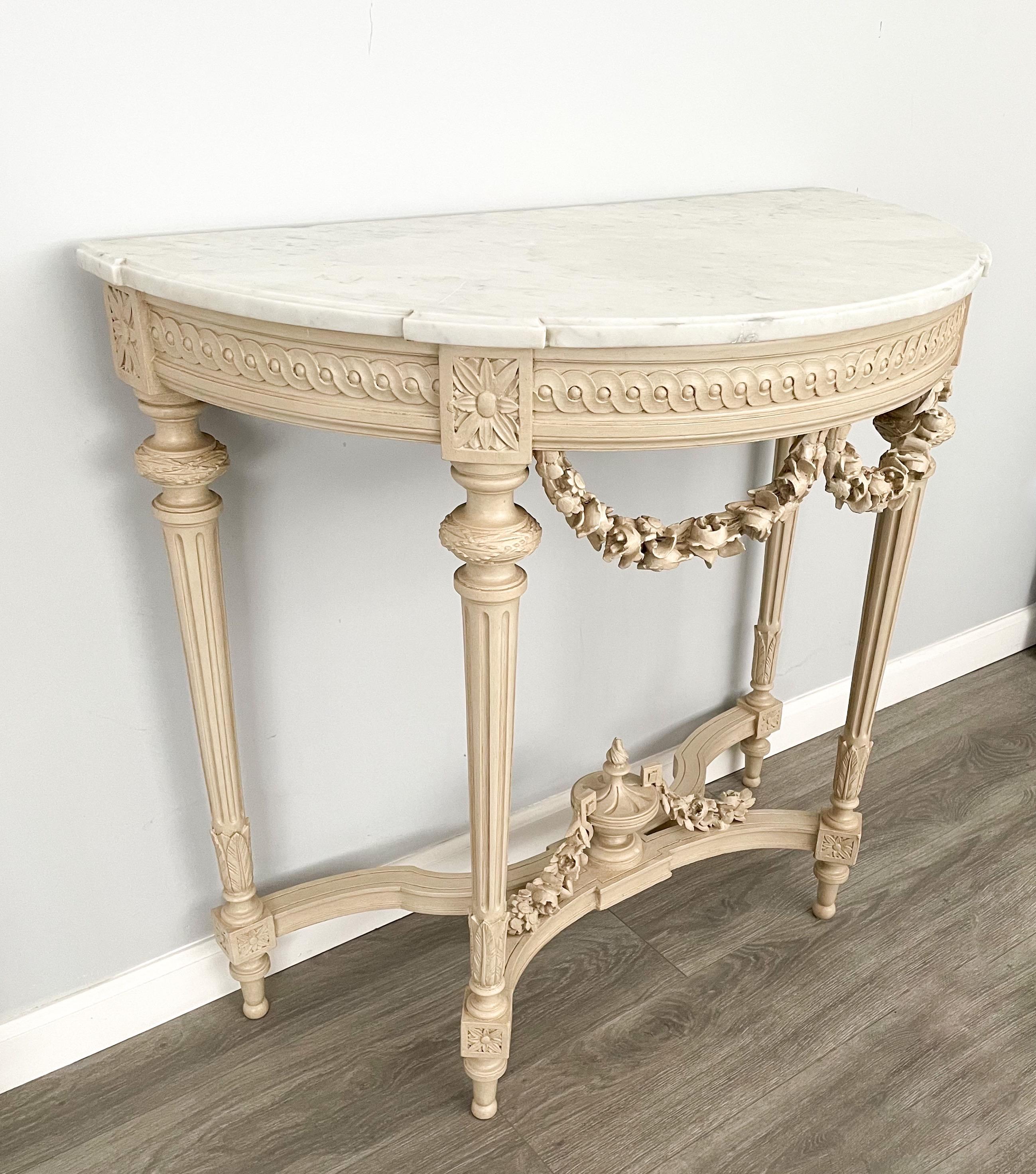 Carrara Marble Pair of French Louis XVI-Style Console Tables