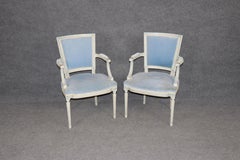 Pair of French Louis XVI Style Creme & Blue Paint Decorated Armchairs C. 1930's
