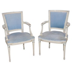 Pair of French Louis XVI Style Creme & Blue Paint Decorated Armchairs C. 1930's