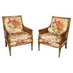 Pair of French Louis XVI Style Custom Upholstered Embroidered Cane Armchairs