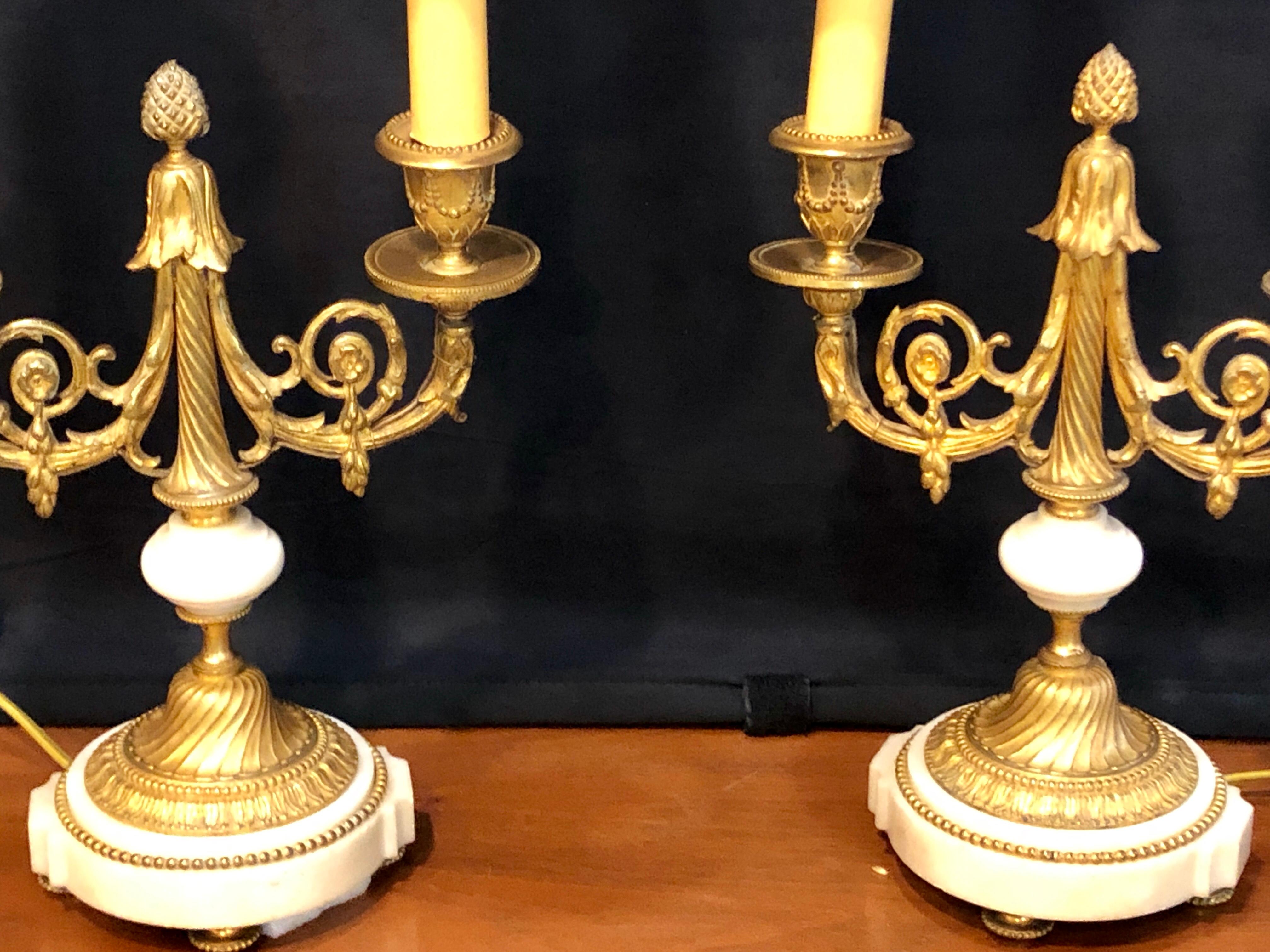 Neoclassical Pair of French Louis XVI Style Dore Bronze and Marble Candelabra or Table Lamps For Sale