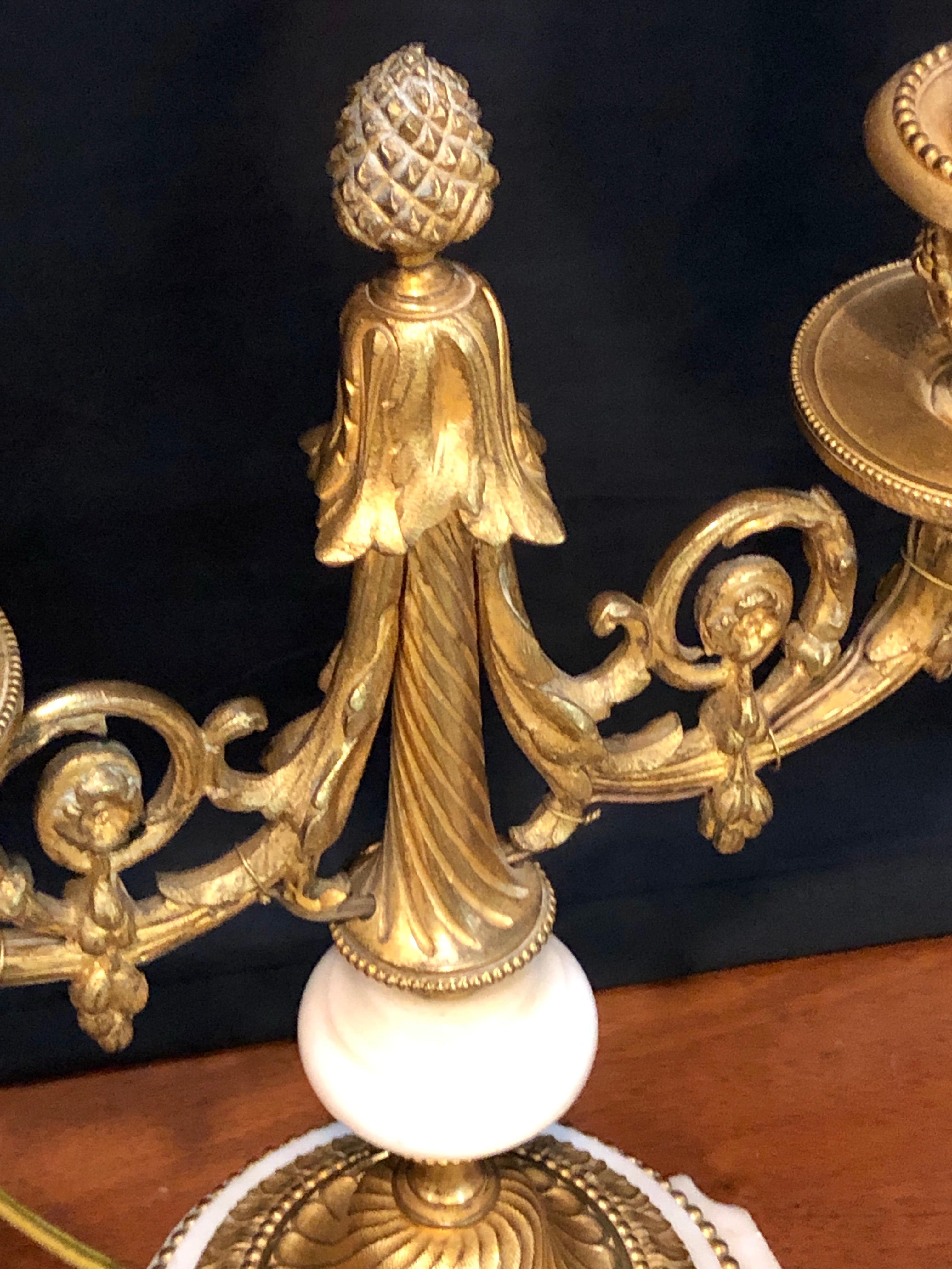 Pair of French Louis XVI Style Dore Bronze and Marble Candelabra or Table Lamps In Good Condition For Sale In Stamford, CT