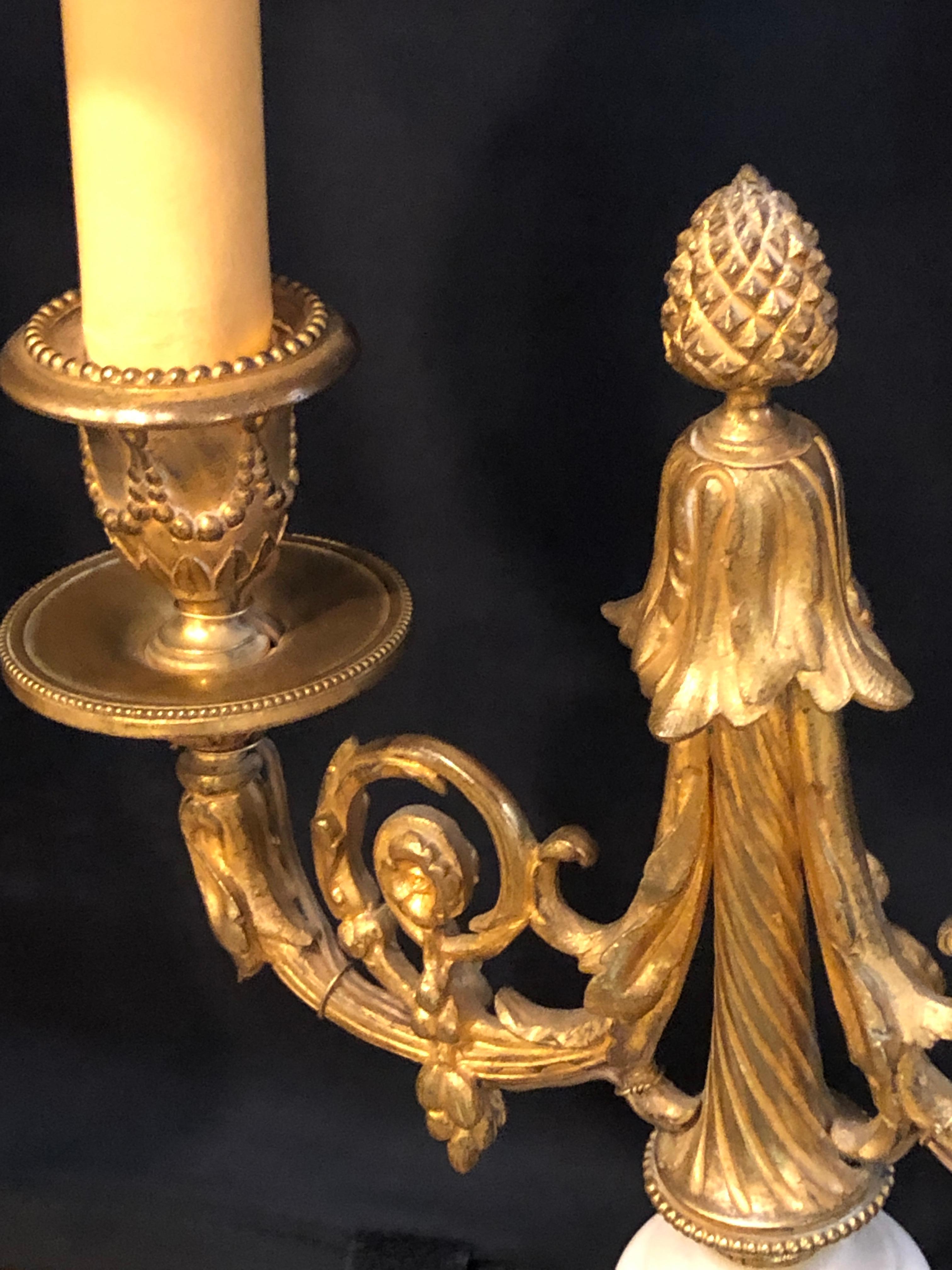 Pair of French Louis XVI Style Dore Bronze and Marble Candelabra or Table Lamps For Sale 1