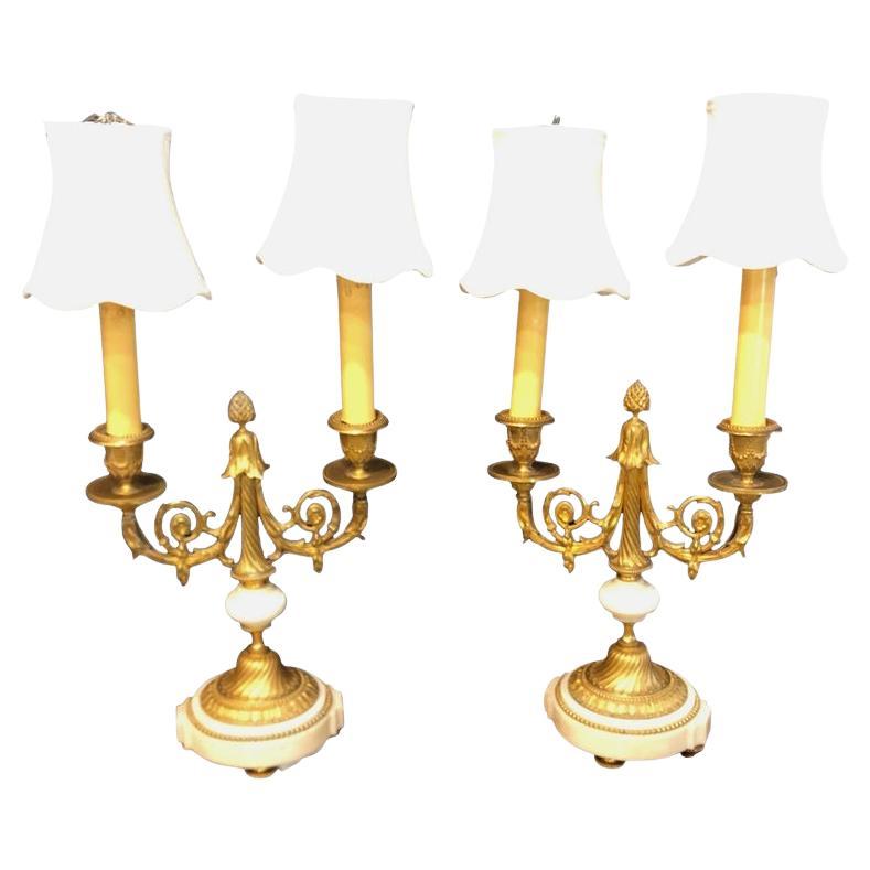 Pair of French Louis XVI Style Dore Bronze and Marble Candelabra or Table Lamps For Sale