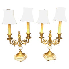 Antique Pair of French Louis XVI Style Dore Bronze and Marble Candelabra or Table Lamps
