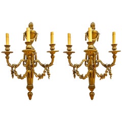 Retro Pair of French Louis XVI Style Dore Bronze Sconces with Foundry Name