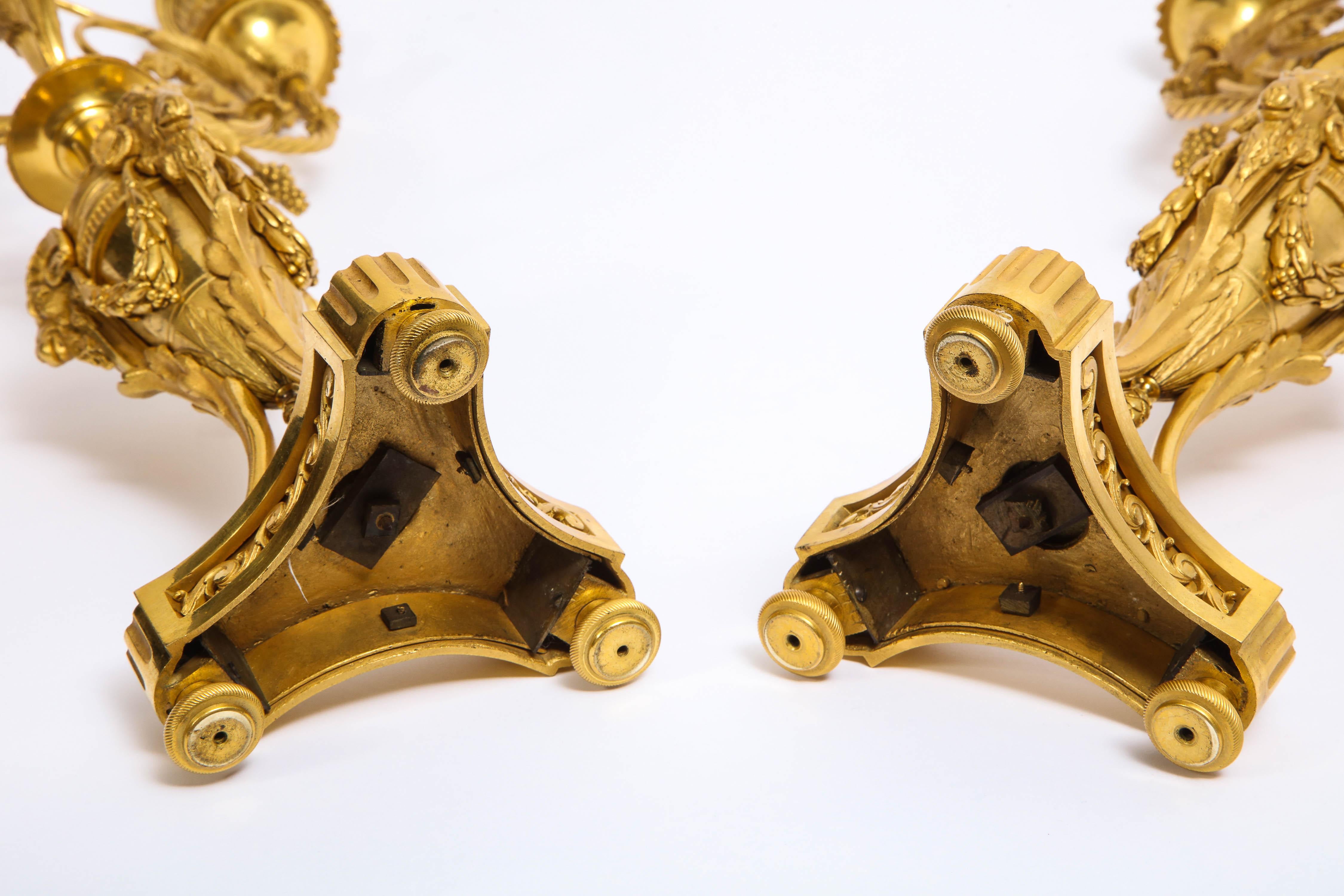 Pair of French Louis XVI Style Dore Bronze Three-Arm Candelabras, Signed Millet For Sale 13