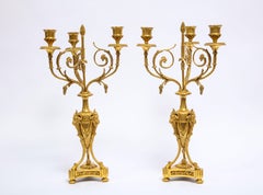 Pair of French Louis XVI Style Dore Bronze Three-Arm Candelabras, Signed Millet