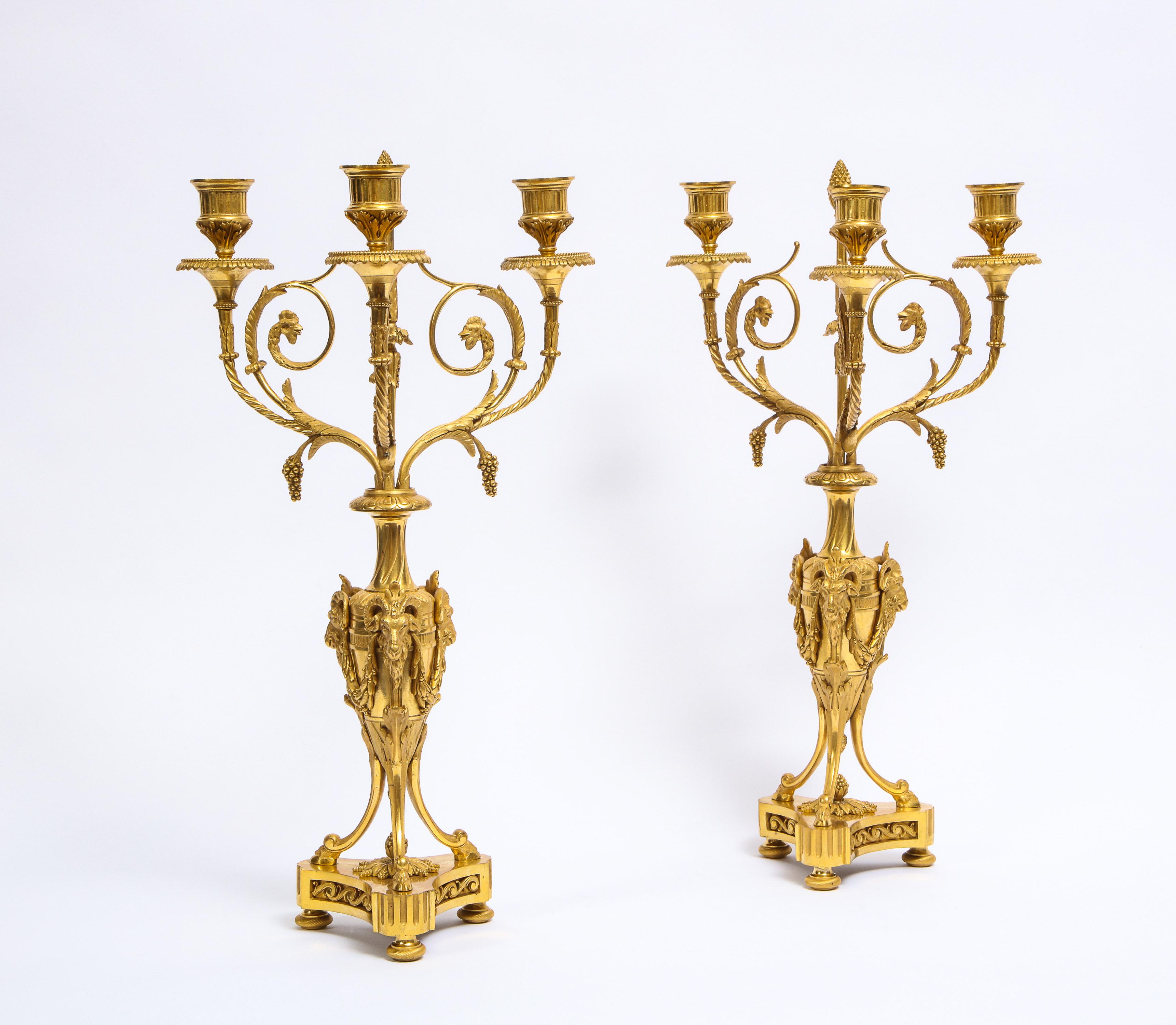 Gilt Pair of French Louis XVI Style Dore Bronze Three-Arm Candelabras, Signed Millet For Sale