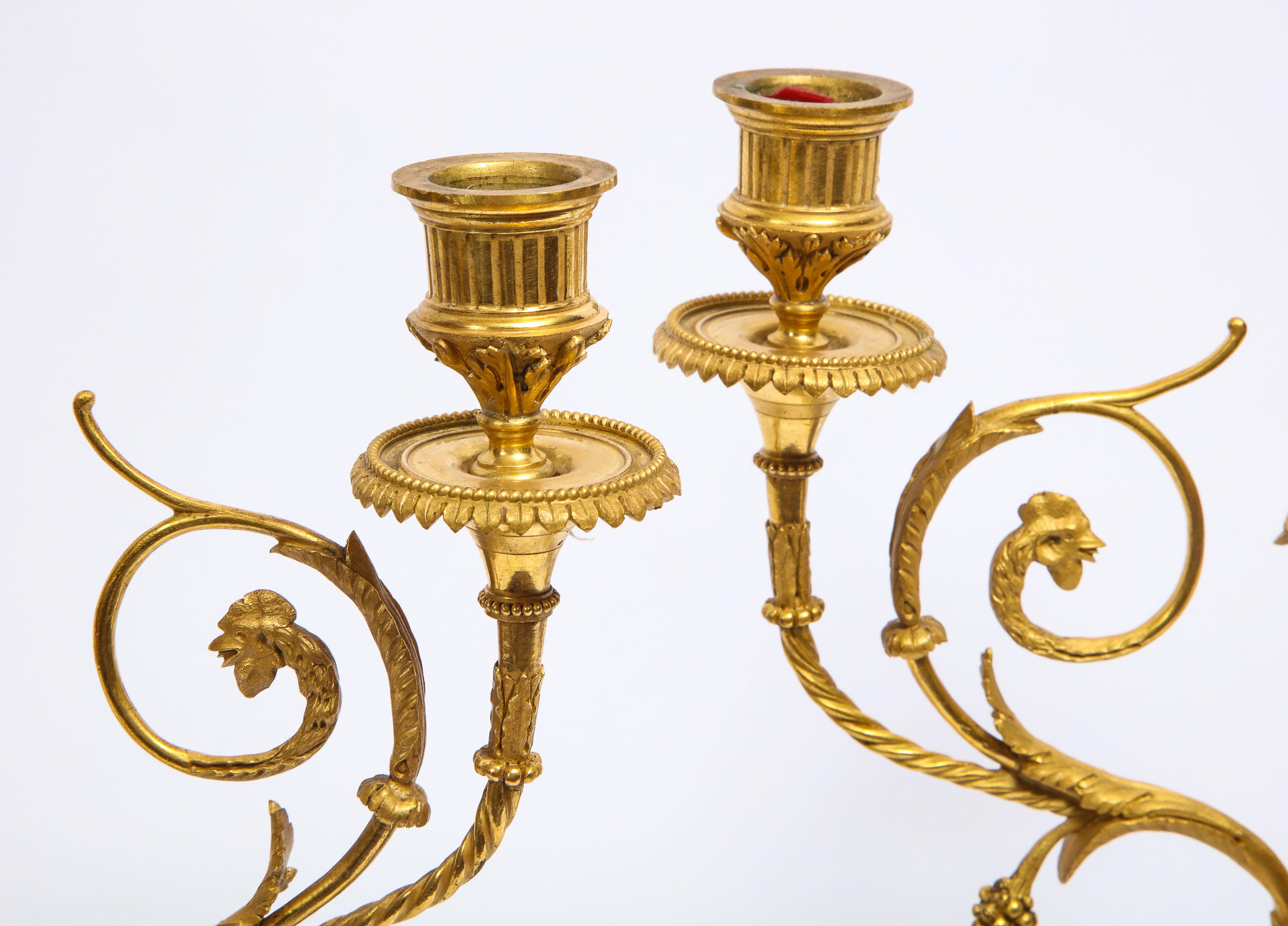 Pair of French Louis XVI Style Dore Bronze Three-Arm Candelabras, Signed Millet For Sale 4
