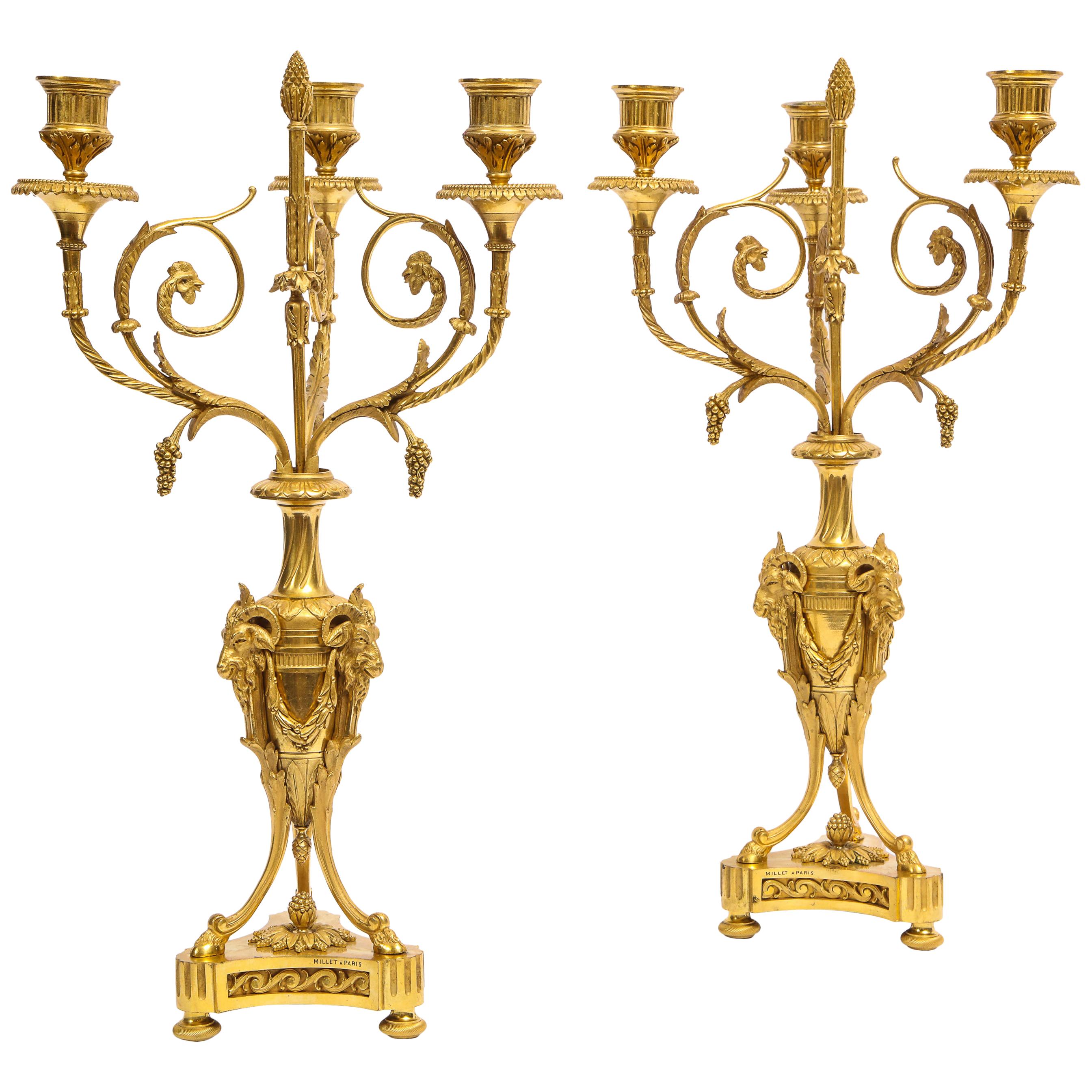 Pair of French Louis XVI Style Dore Bronze Three-Arm Candelabras, Signed Millet