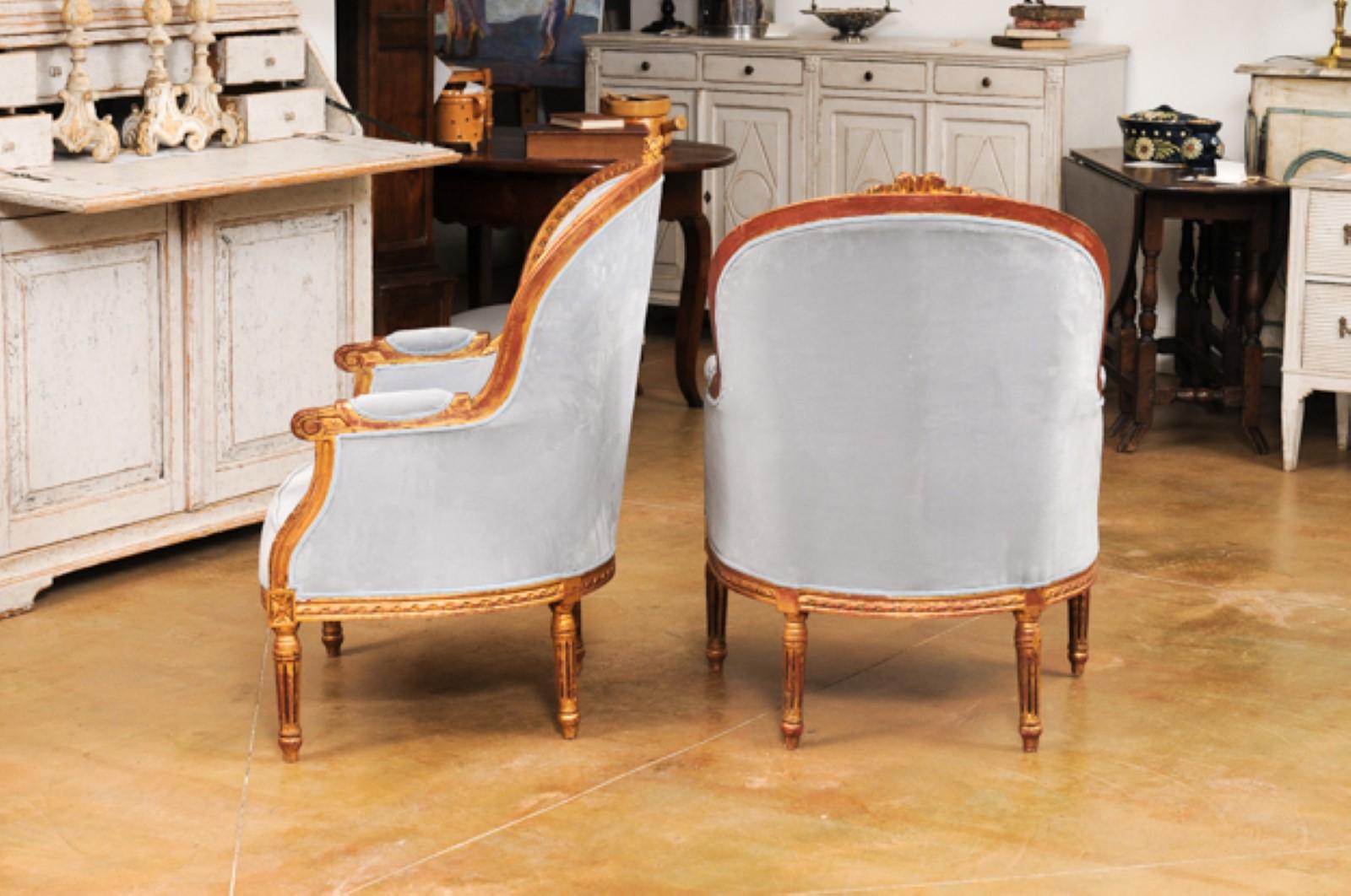 Pair of French Louis XVI Style Gilded Bergère Chairs with Pierre Frey Upholstery 5