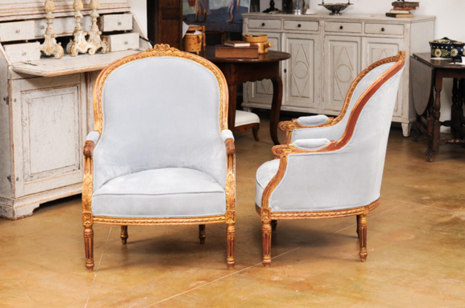 Pair of French Louis XVI Style Gilded Bergère Chairs with Pierre Frey Upholstery 6