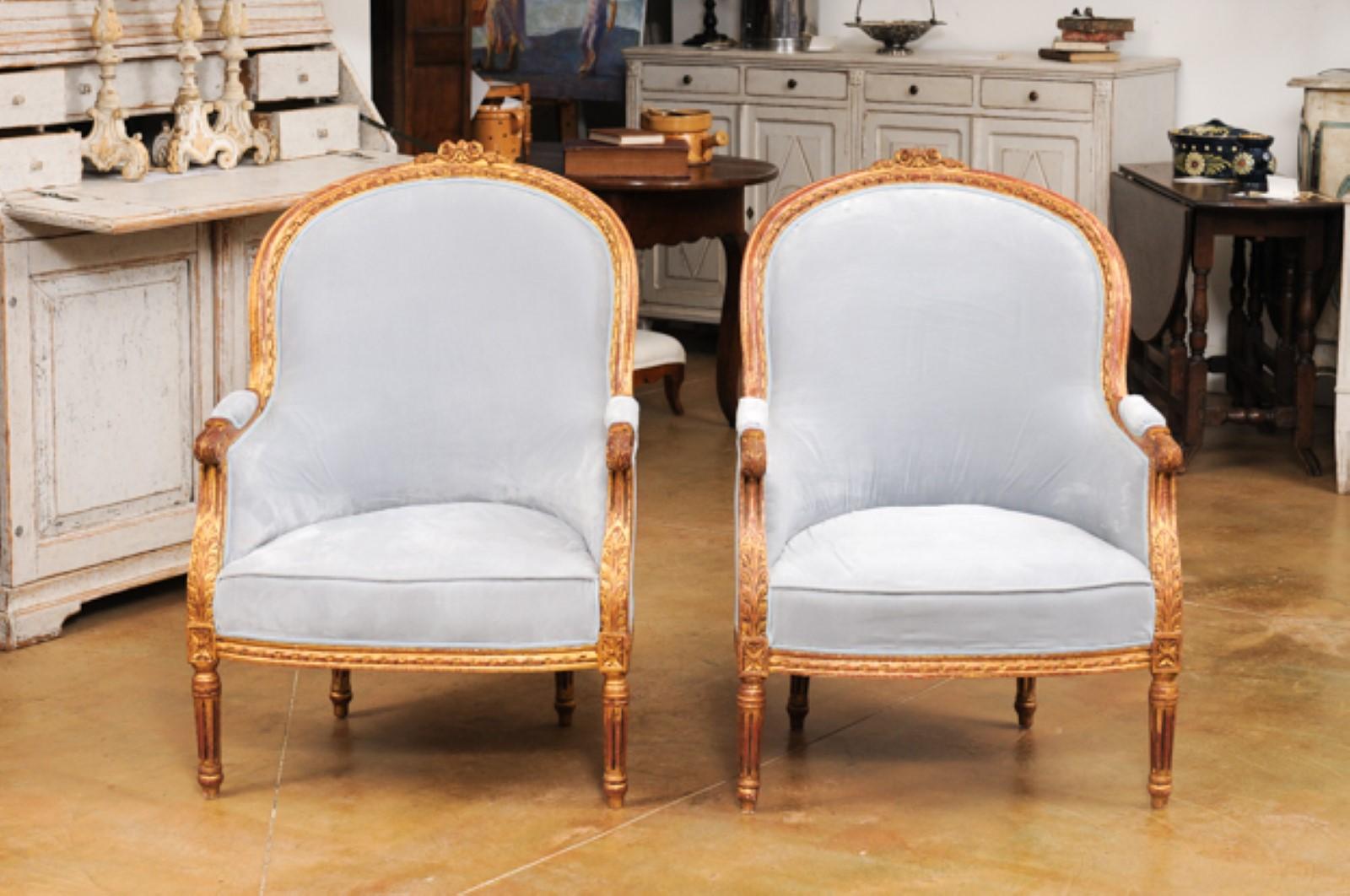 Pair of French Louis XVI Style Gilded Bergère Chairs with Pierre Frey Upholstery 7