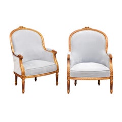 Paar französische vergoldete Bergère-Stühle im Louis-XVI-Stil mit Pierre-Frey-Polsterung