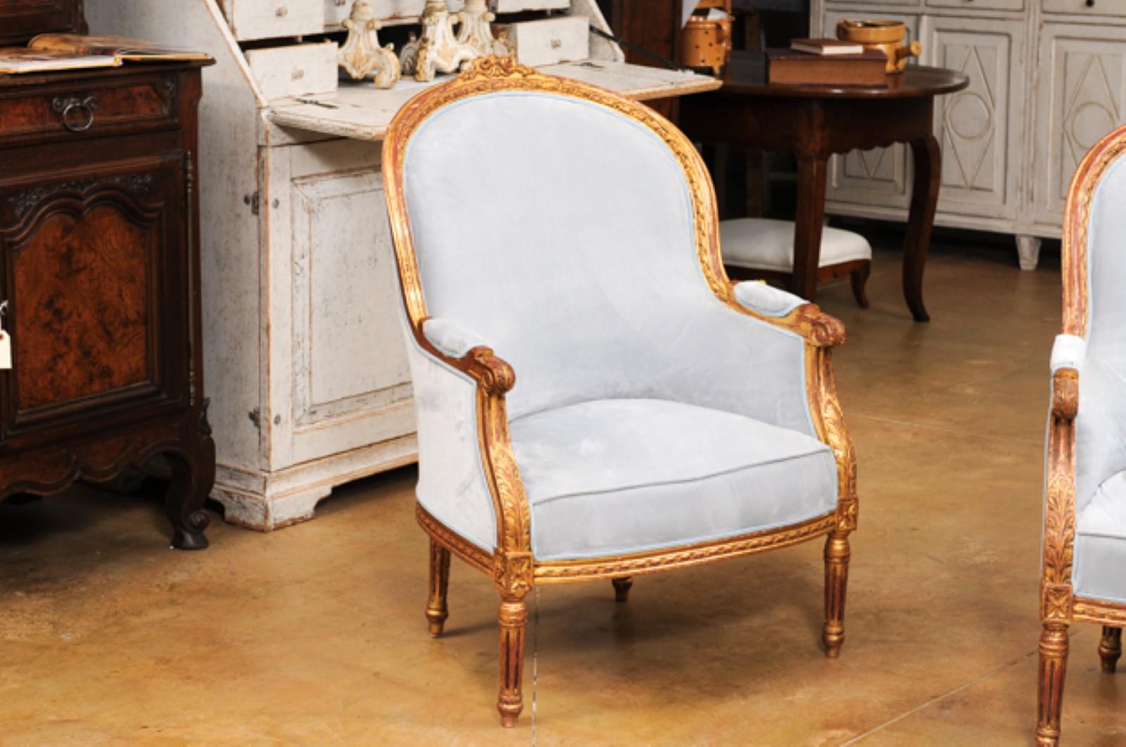 Pair of French Louis XVI Style Gilded Bergère Chairs with Pierre Frey Upholstery In Good Condition In Atlanta, GA