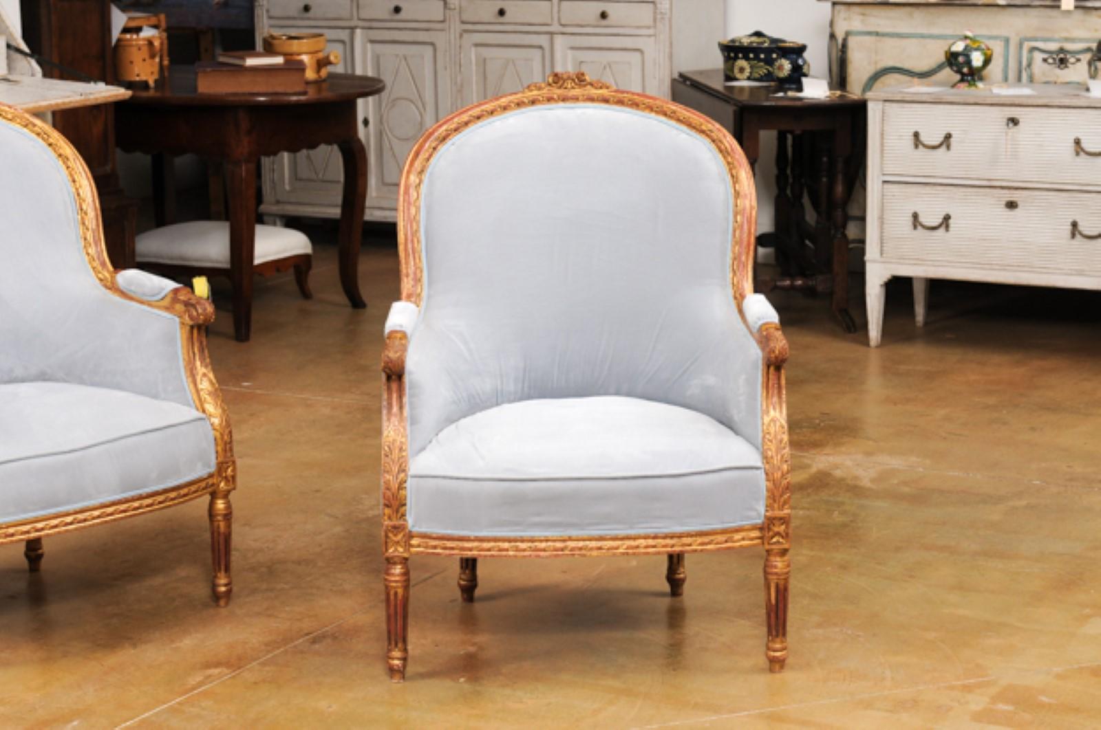 20th Century Pair of French Louis XVI Style Gilded Bergère Chairs with Pierre Frey Upholstery