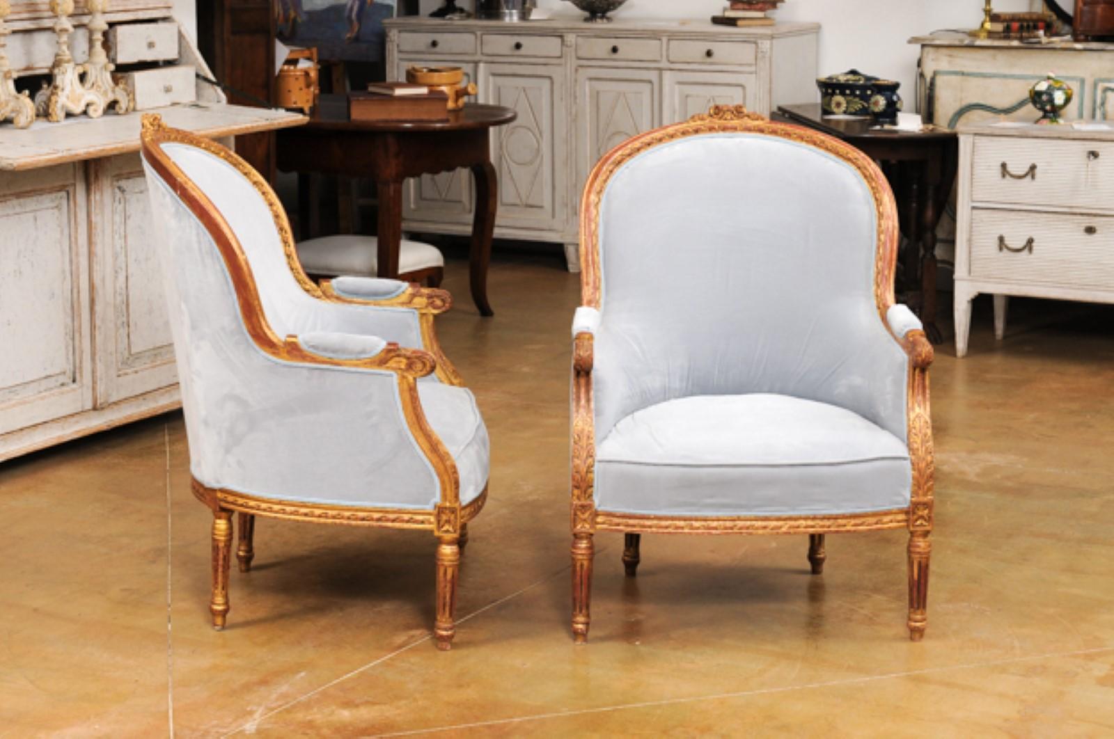 Pair of French Louis XVI Style Gilded Bergère Chairs with Pierre Frey Upholstery 1