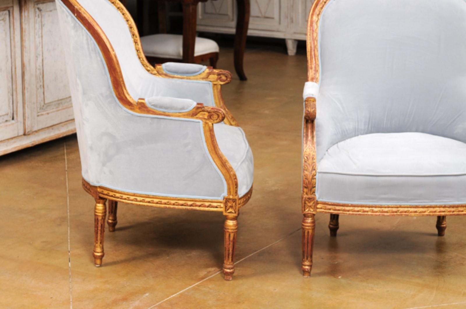 Pair of French Louis XVI Style Gilded Bergère Chairs with Pierre Frey Upholstery 2