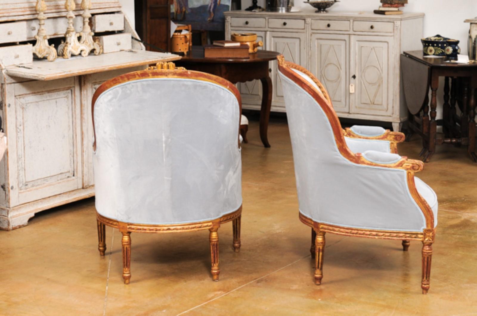 Pair of French Louis XVI Style Gilded Bergère Chairs with Pierre Frey Upholstery 3
