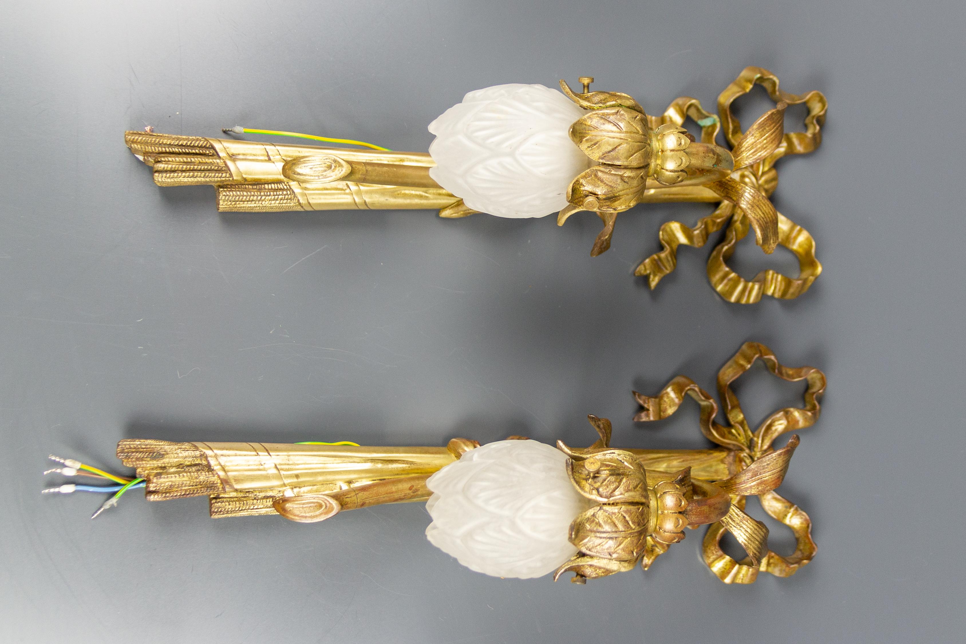 Pair of French Louis XVI Style Gilded Bronze and White Glass Sconces, 1920s 5