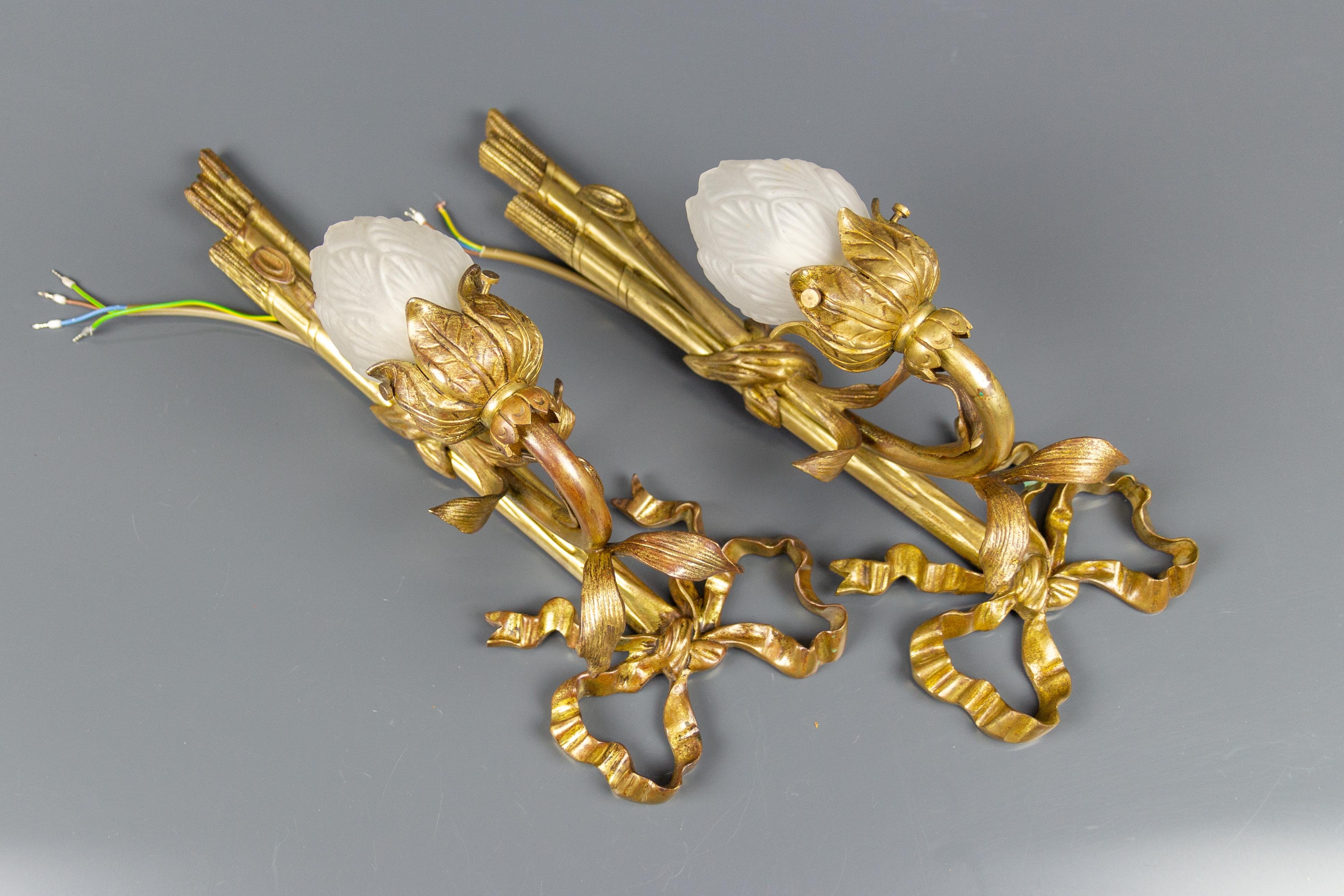 Pair of French Louis XVI Style Gilded Bronze and White Glass Sconces, 1920s 6
