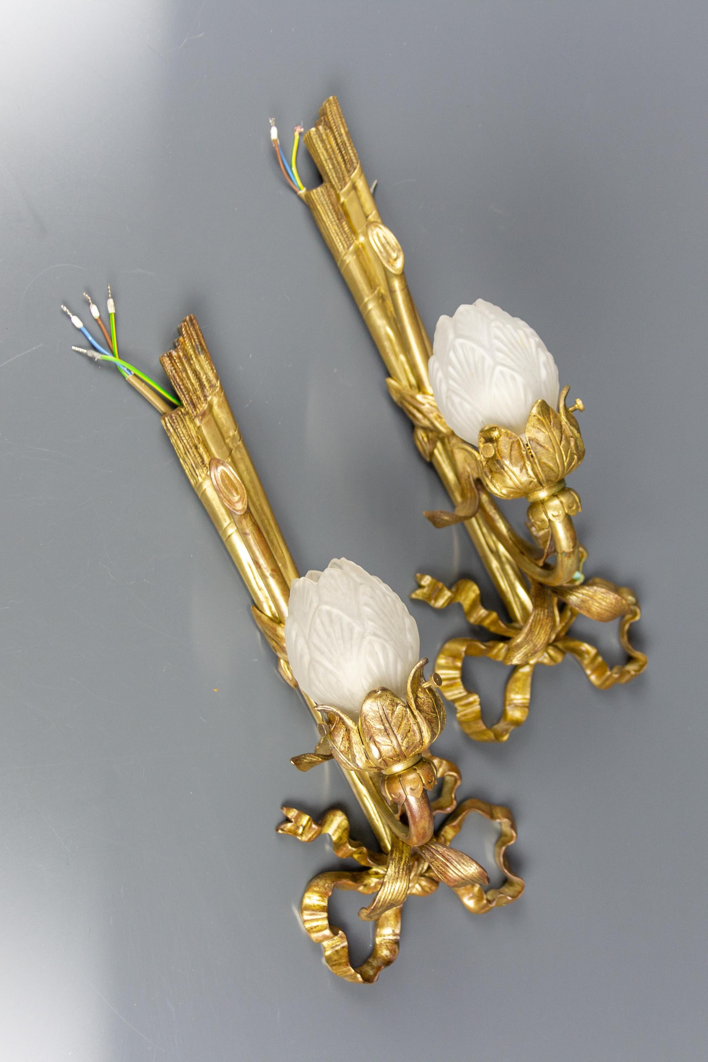 Pair of French Louis XVI Style Gilded Bronze and White Glass Sconces, 1920s 7