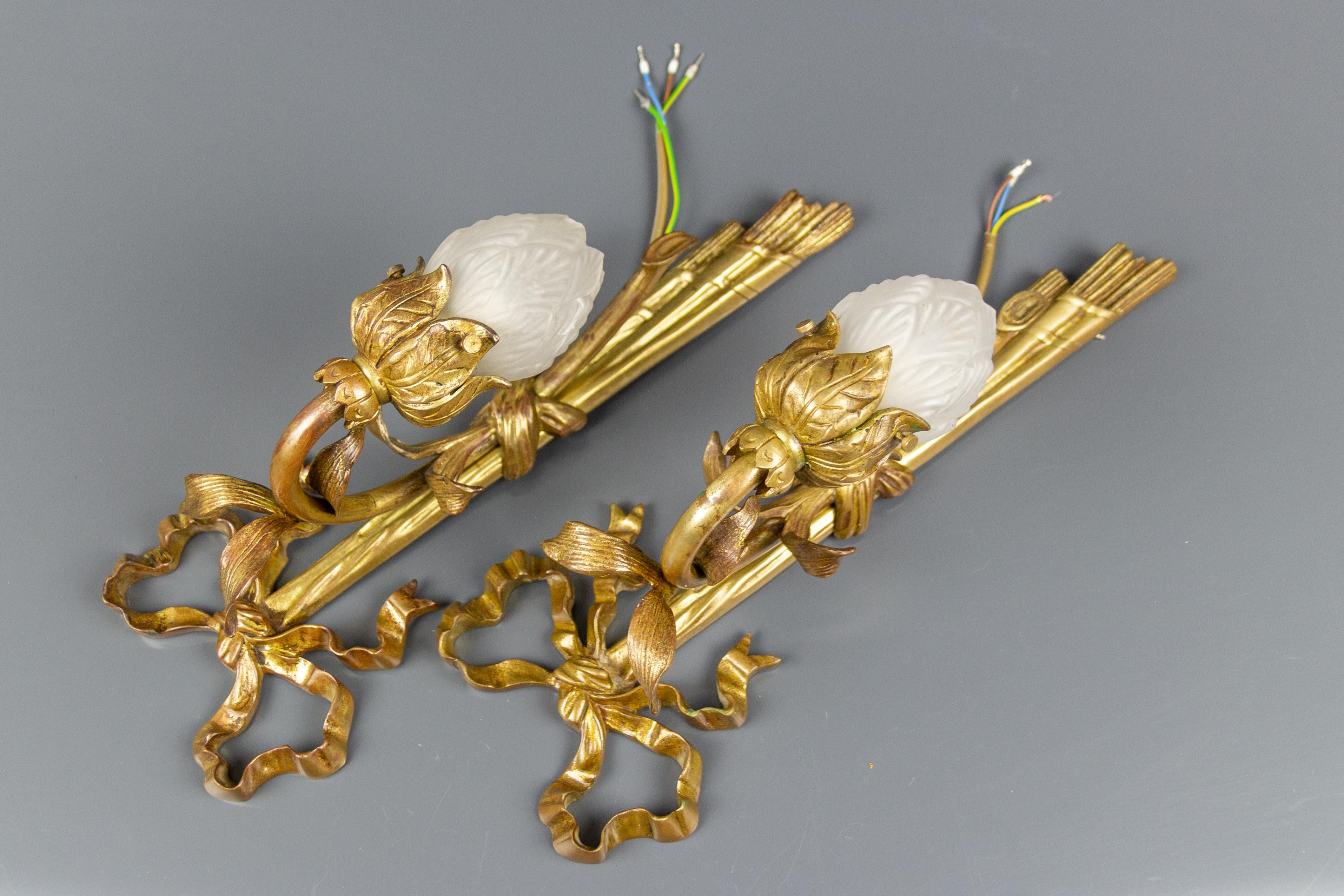 Pair of French Louis XVI Style Gilded Bronze and White Glass Sconces, 1920s 8