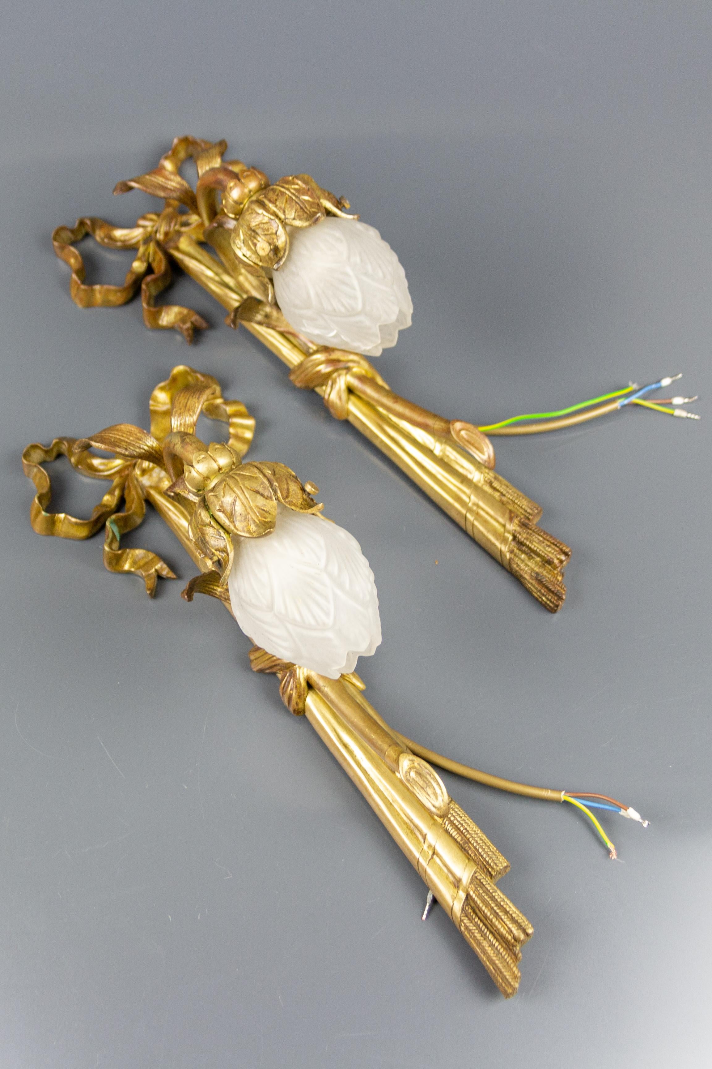 Pair of French Louis XVI Style Gilded Bronze and White Glass Sconces, 1920s 9