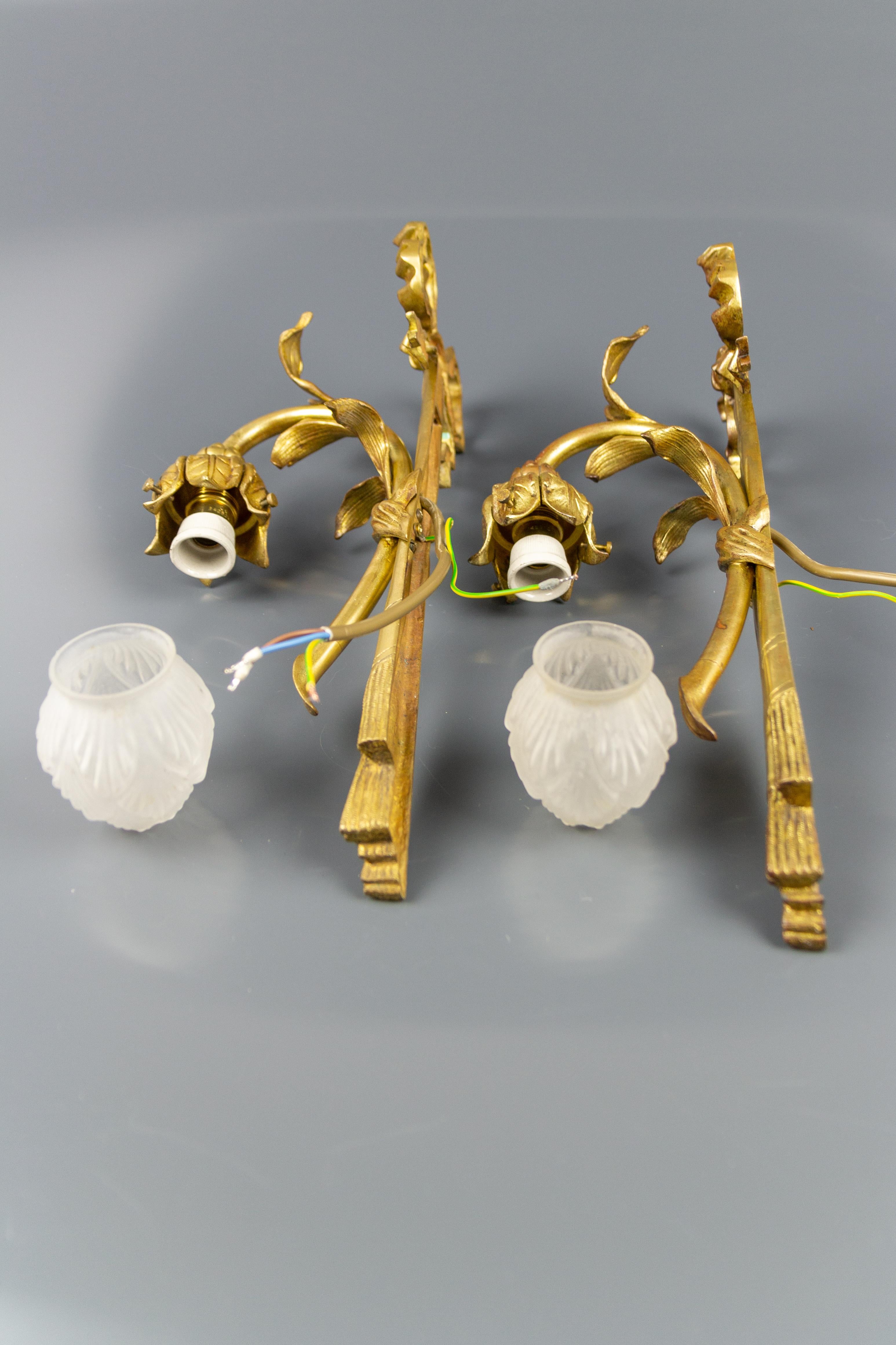 Pair of French Louis XVI Style Gilded Bronze and White Glass Sconces, 1920s 13