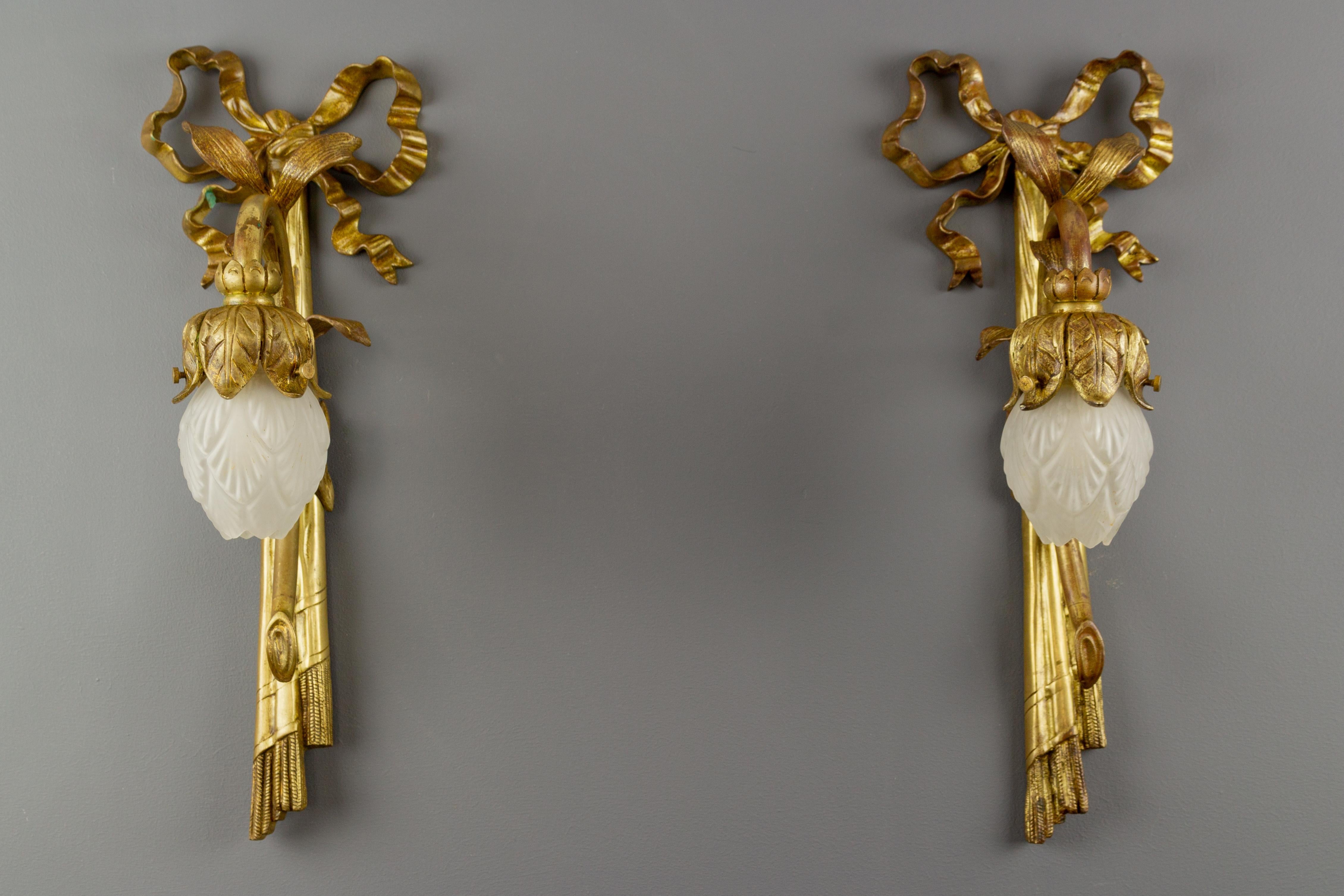 Pair of French Louis XVI Style Gilded Bronze and White Glass Sconces, 1920s 14
