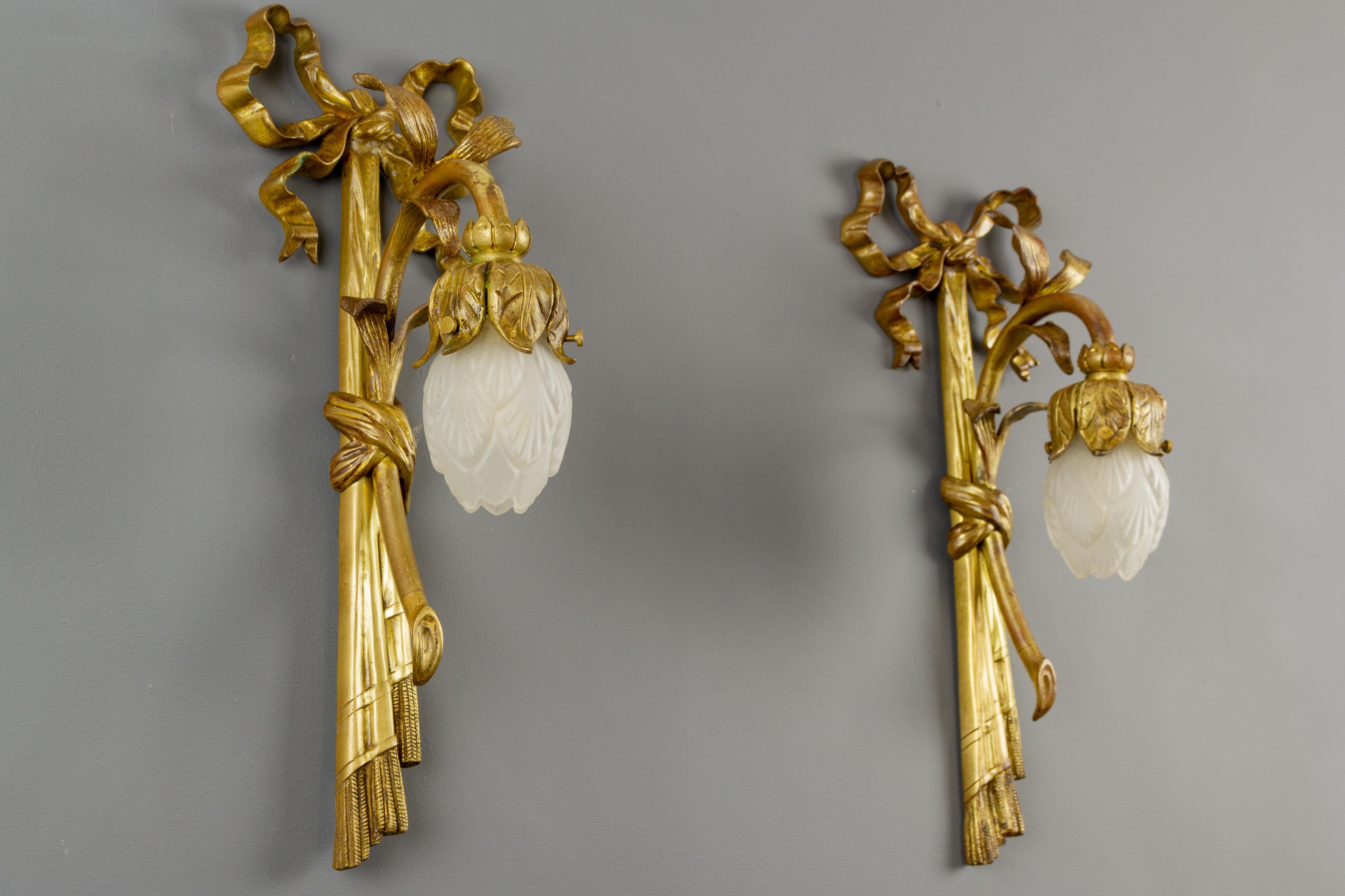 Gilt Pair of French Louis XVI Style Gilded Bronze and White Glass Sconces, 1920s