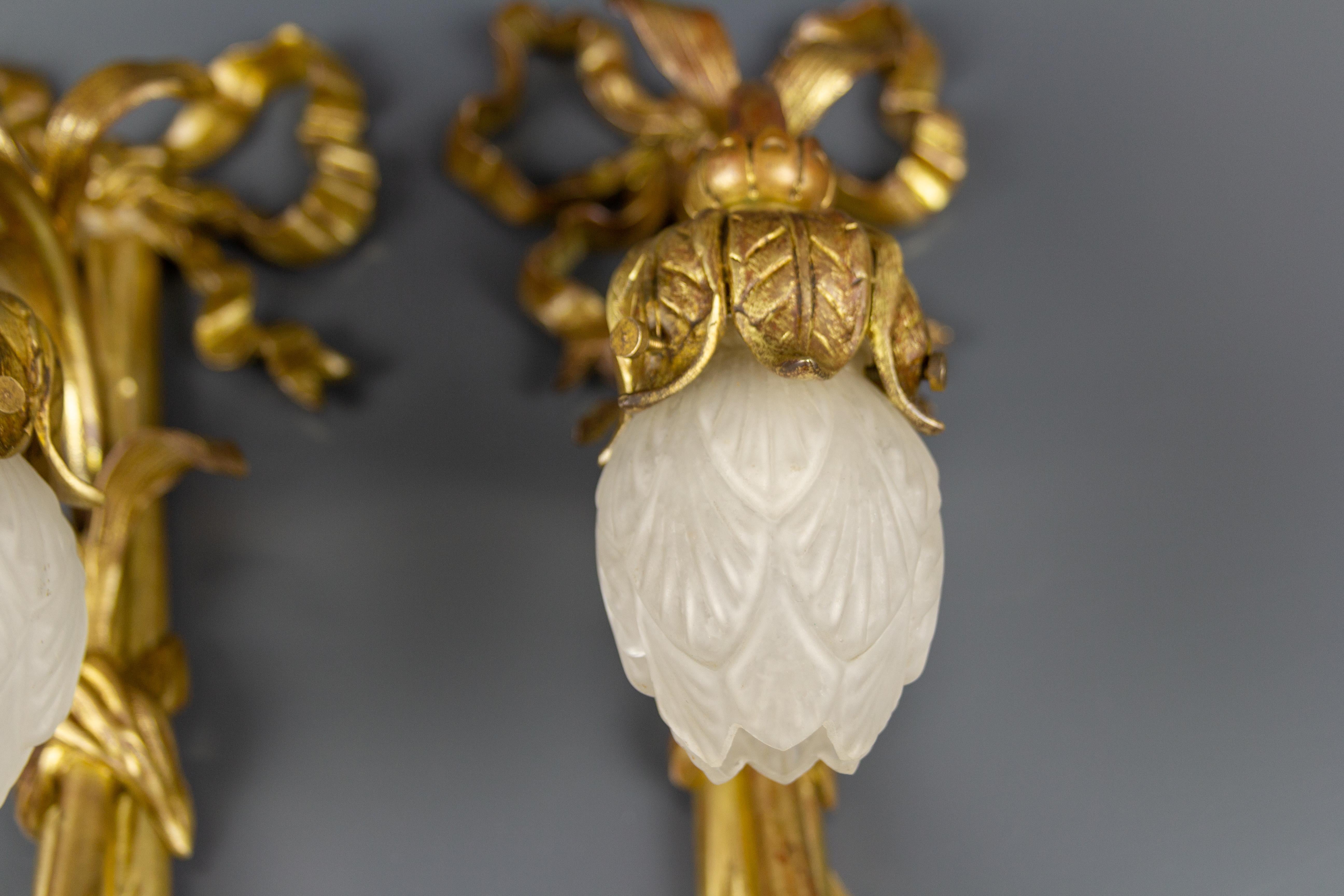 Pair of French Louis XVI Style Gilded Bronze and White Glass Sconces, 1920s 2