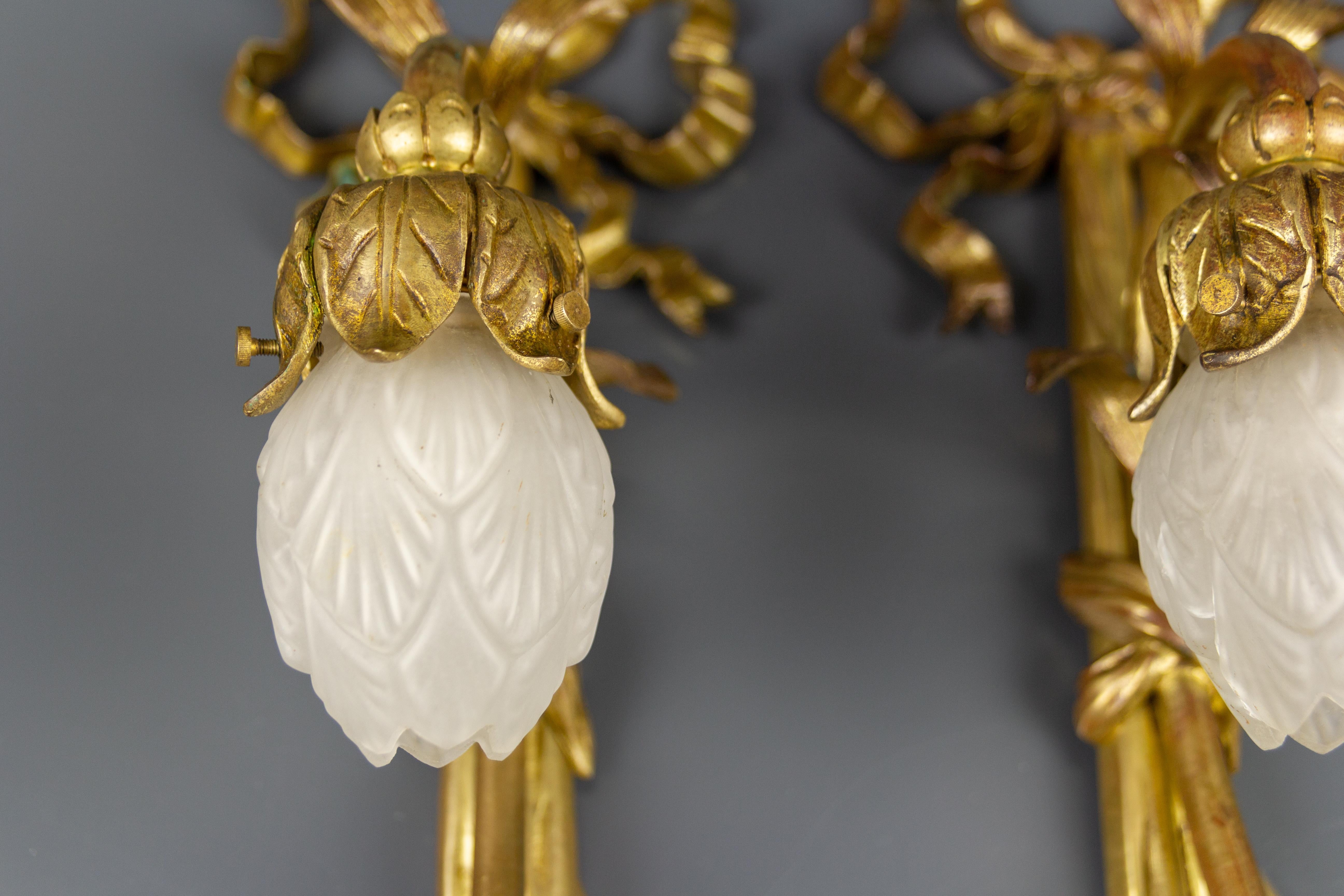 Pair of French Louis XVI Style Gilded Bronze and White Glass Sconces, 1920s 3
