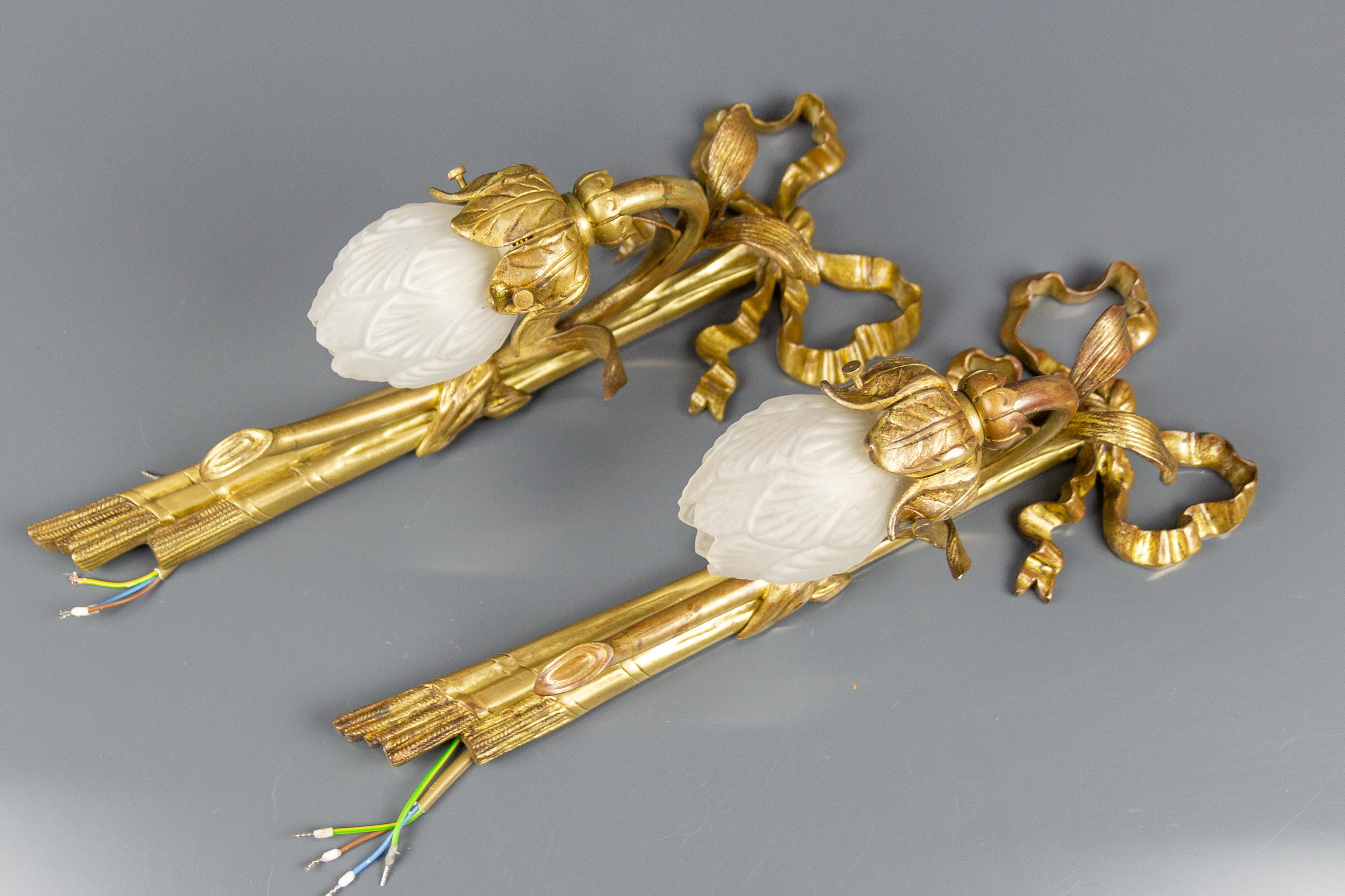 Pair of French Louis XVI Style Gilded Bronze and White Glass Sconces, 1920s 4