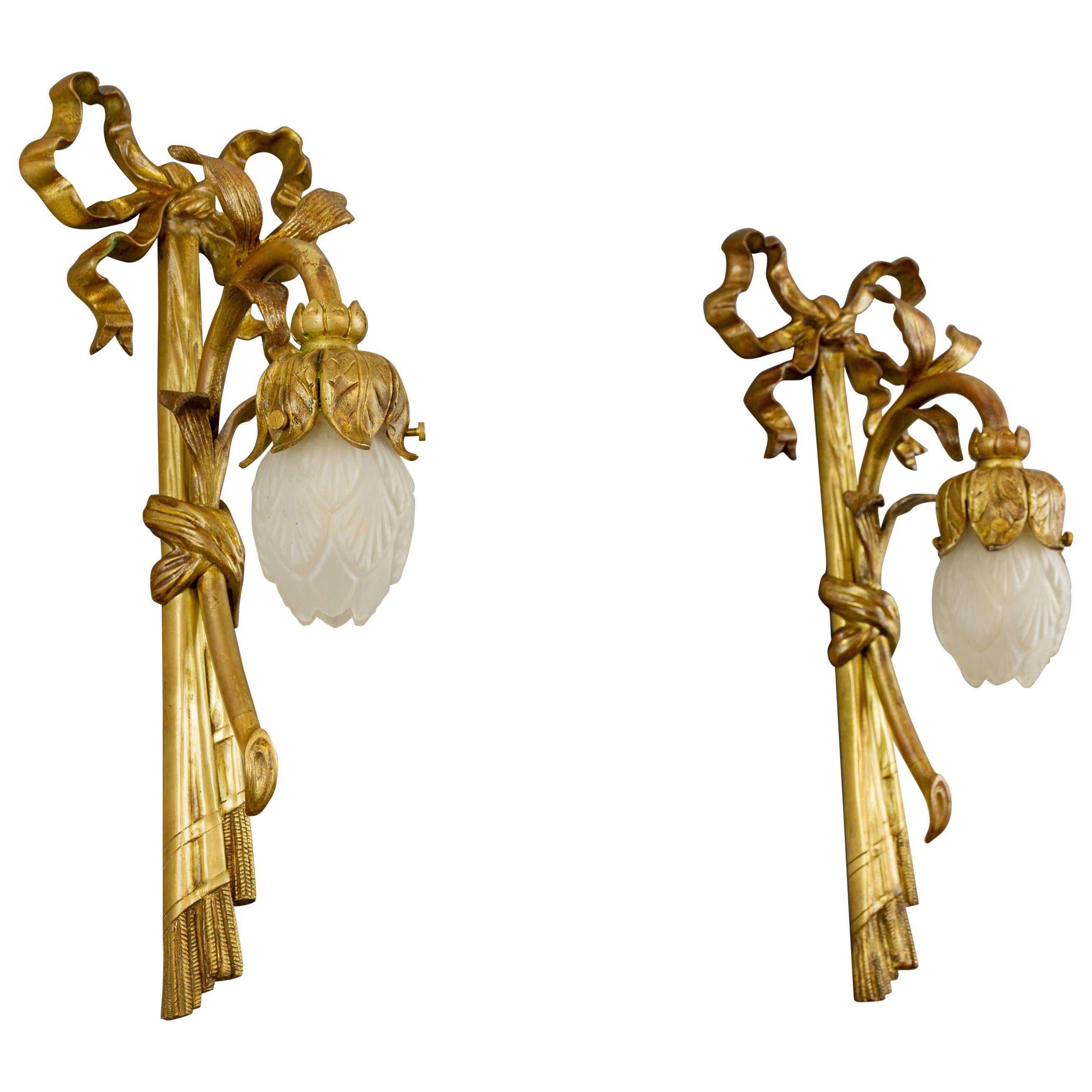 Pair of French Louis XVI Style Gilded Bronze and White Glass Sconces, 1920s