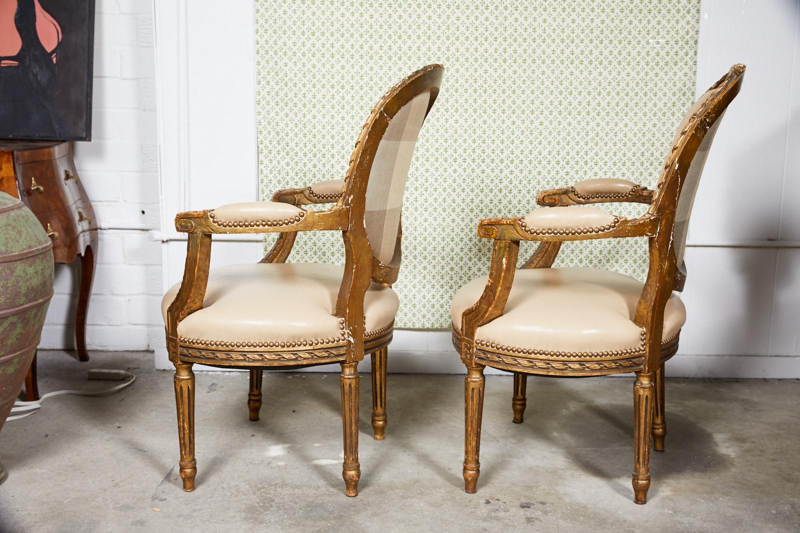Late 19th century pair of French fauteuils or armchairs in the Louis XVI style with carved and gilded frames. The chairs are beautifully upholstered in a taupe leather with decorative bronze finished nailhead trim and a contrasting neutral plaid