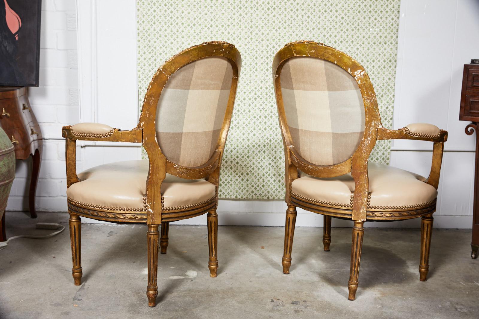 19th Century Pair of French Louis XVI Style Gilded Fauteuils For Sale