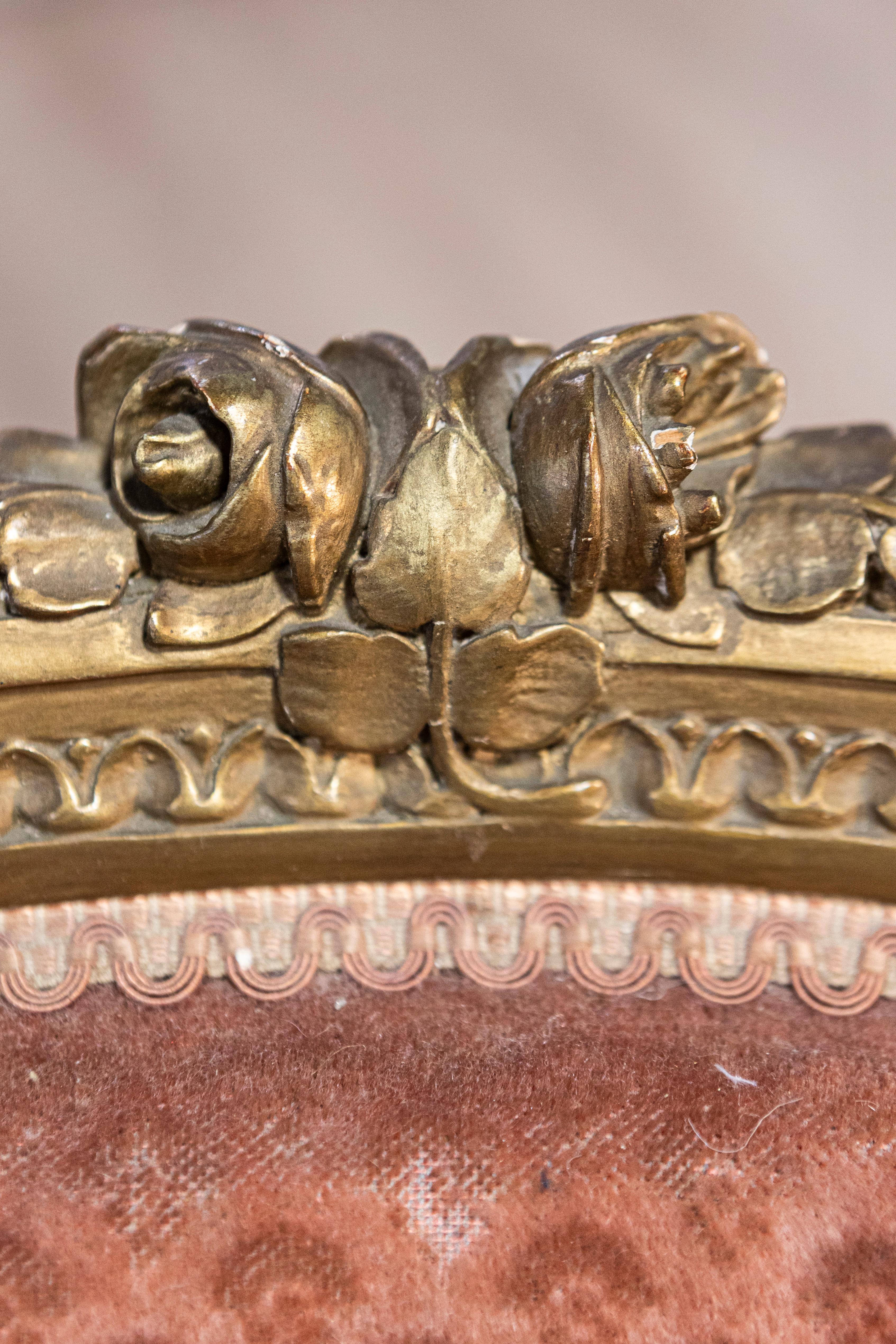 Pair of French Louis XVI Style Gilded Wood Bergères Chairs with Carved Décor For Sale 12