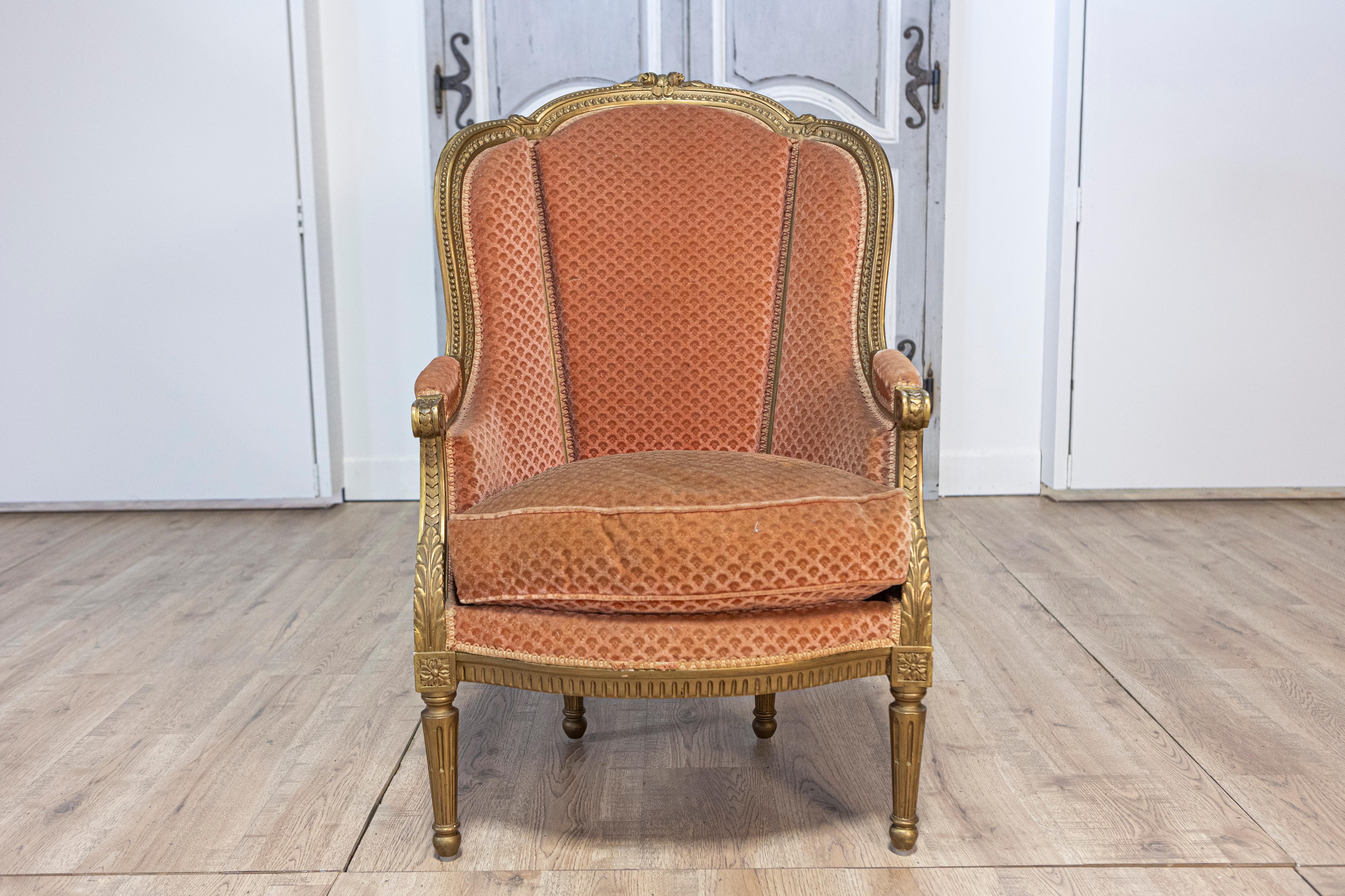 Upholstery Pair of French Louis XVI Style Gilded Wood Bergères Chairs with Carved Décor For Sale