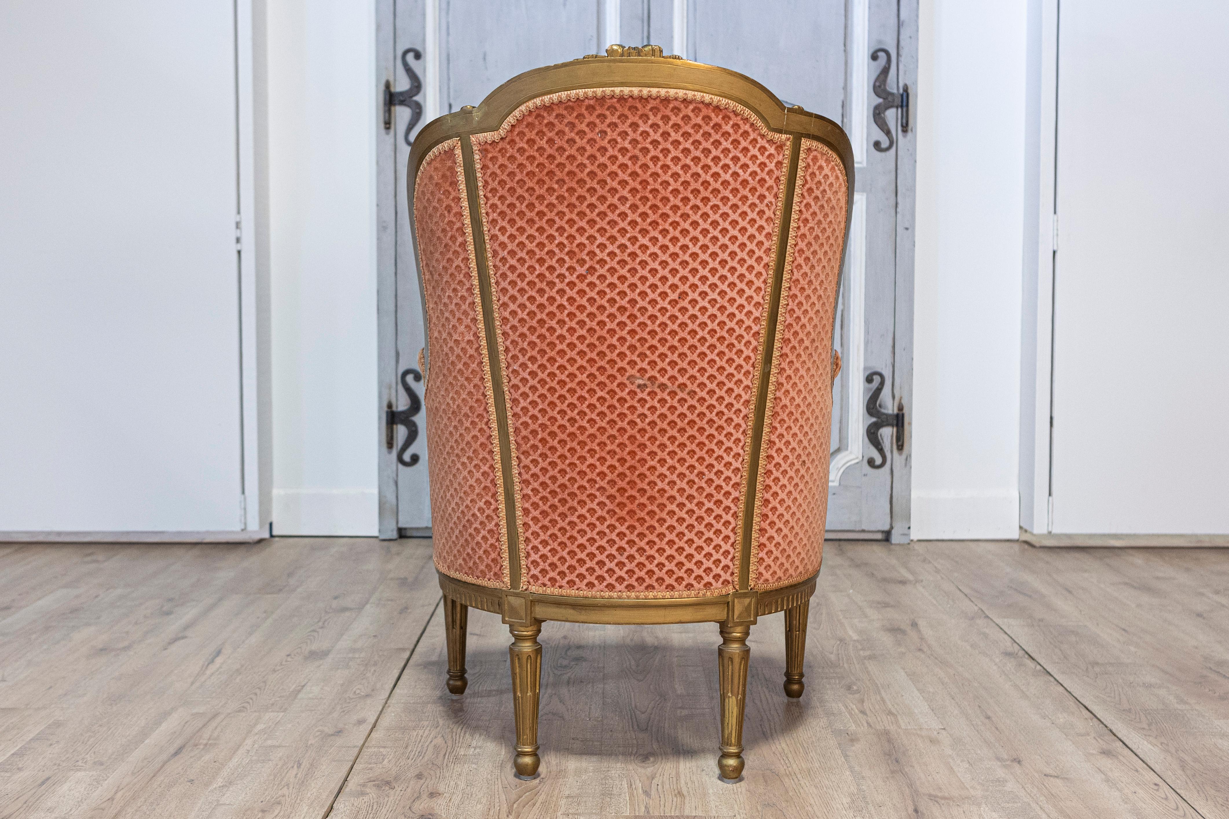 Pair of French Louis XVI Style Gilded Wood Bergères Chairs with Carved Décor For Sale 4