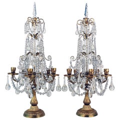 Pair of French Louis XVI Style Gilt Bronze and Crystal Five-Light Girandoles