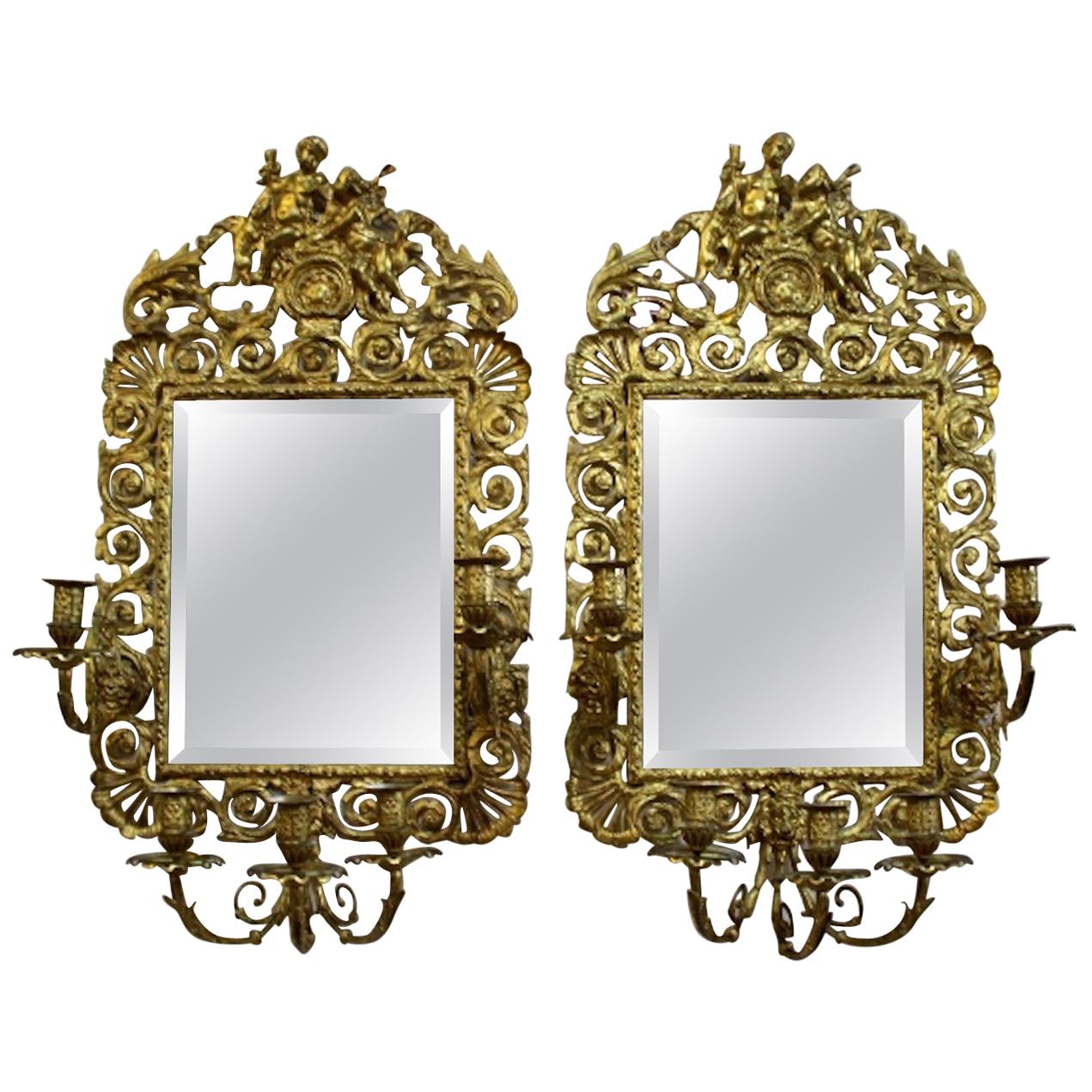 Pair of French Louis XVI Style Gilt Bronze and Mirrored Sconces For Sale