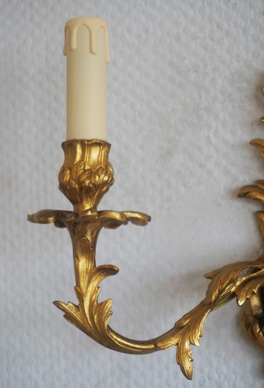 Pair of French Louis XVI Style Gilt Bronze Electrified Two-Light Sconces 2