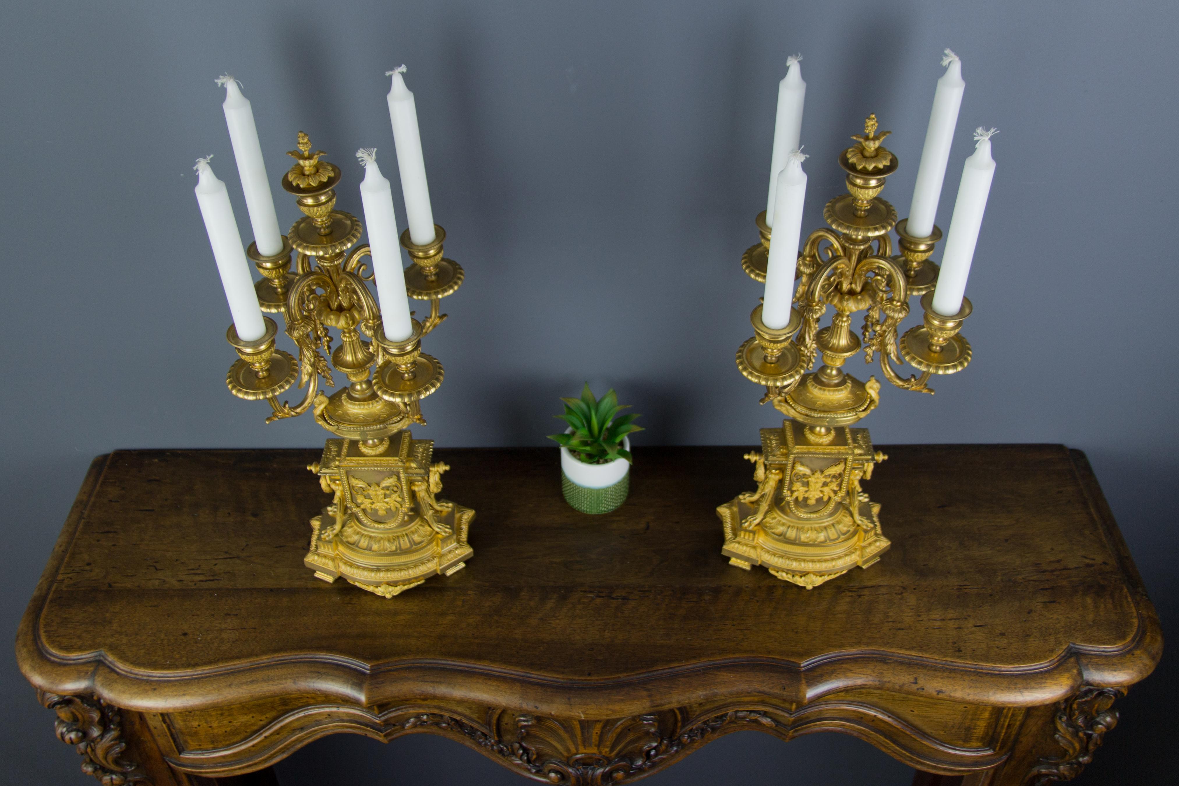 Pair of French Louis XVI Style Gilt Bronze Five-Light Candelabras 7