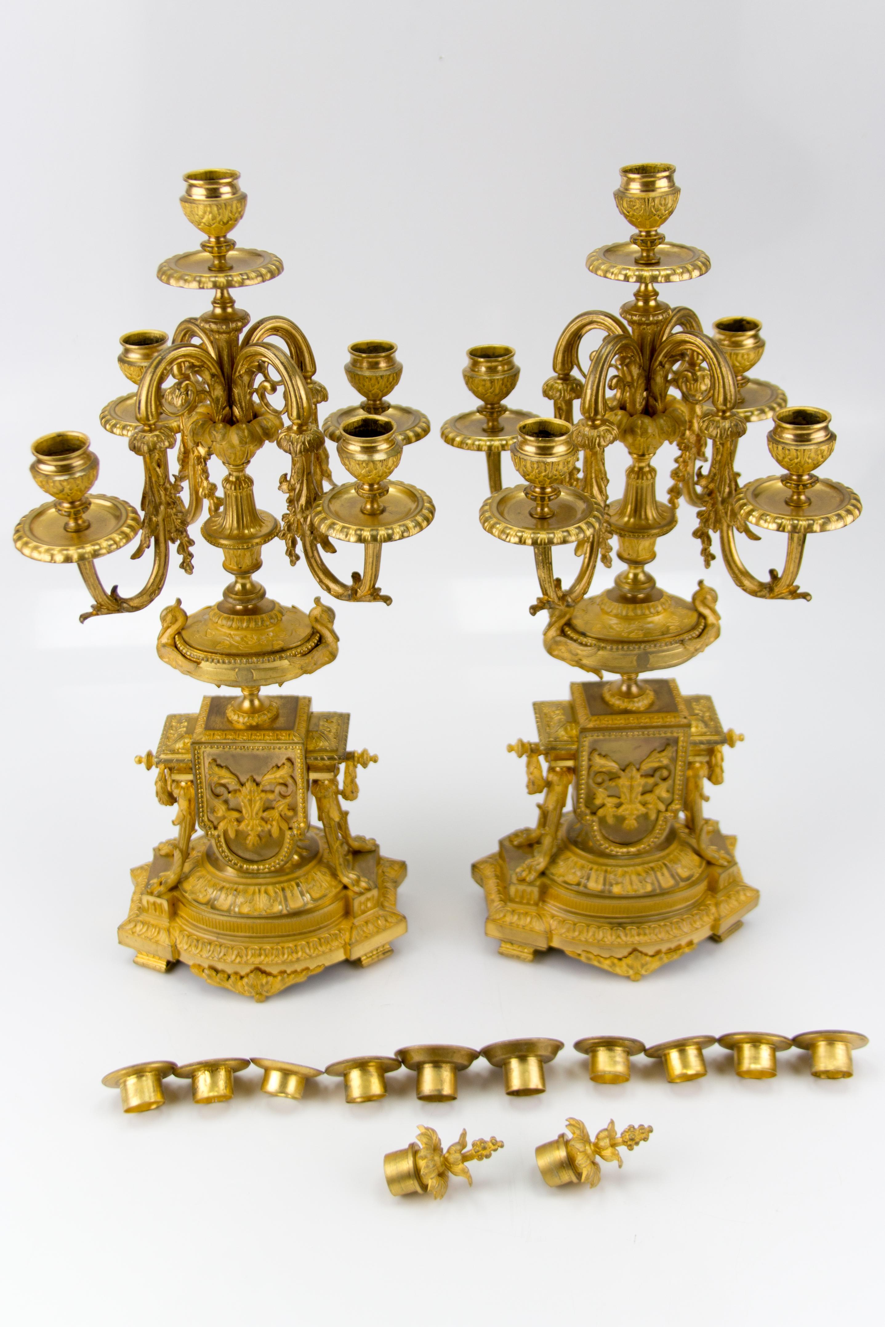 Pair of French Louis XVI Style Gilt Bronze Five-Light Candelabras 8
