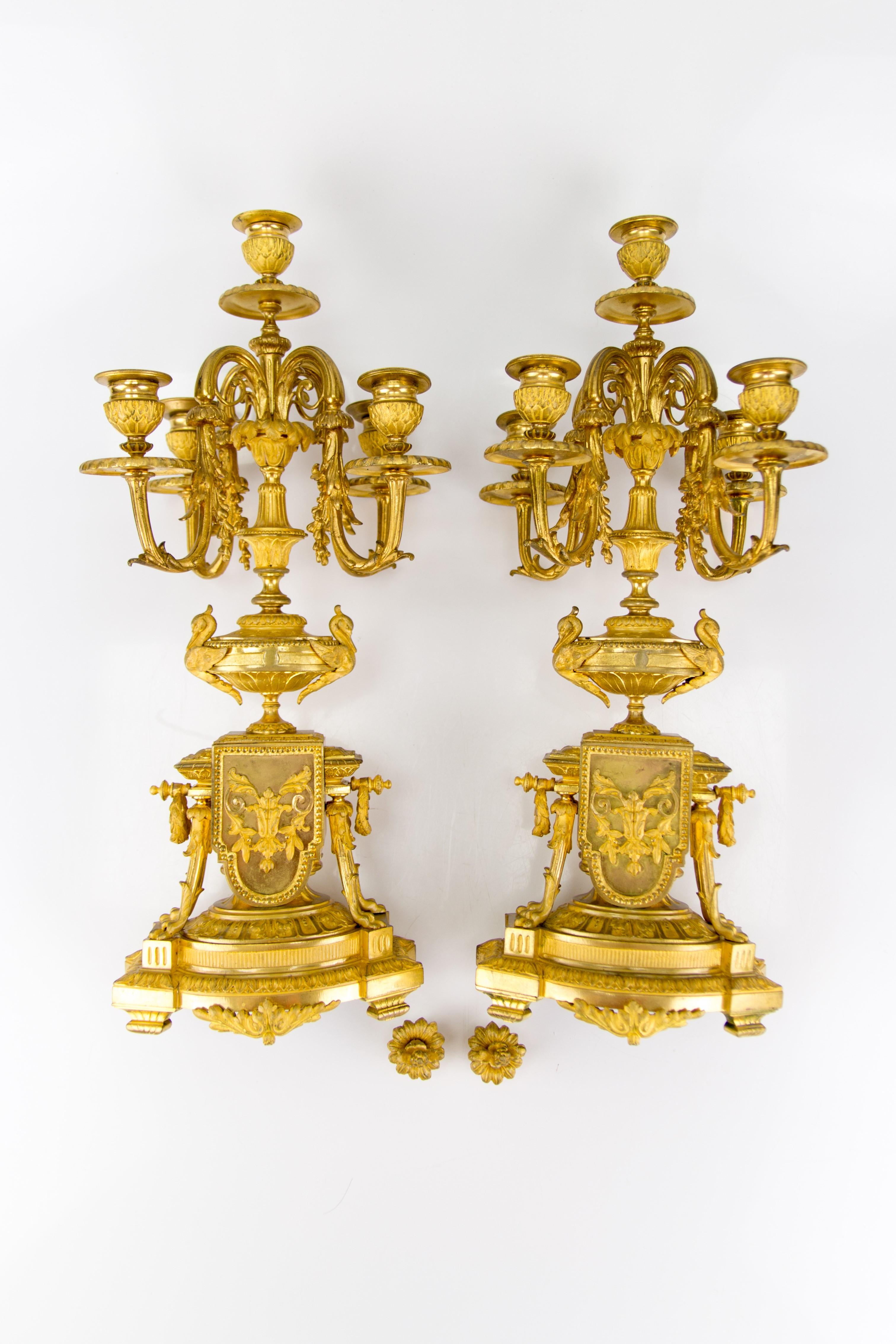 Pair of French Louis XVI Style Gilt Bronze Five-Light Candelabras 10