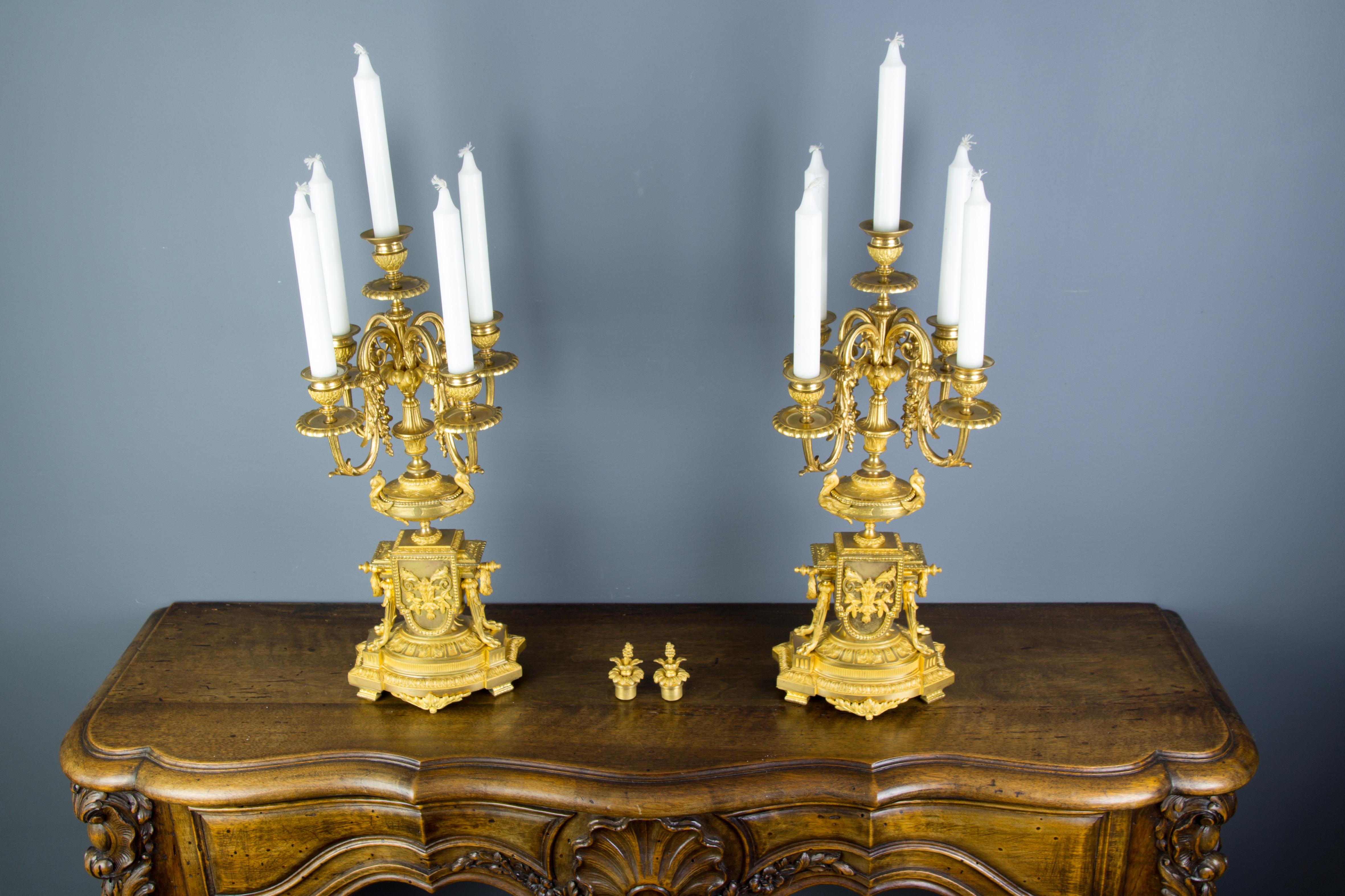 Pair of French Louis XVI Style Gilt Bronze Five-Light Candelabras 15