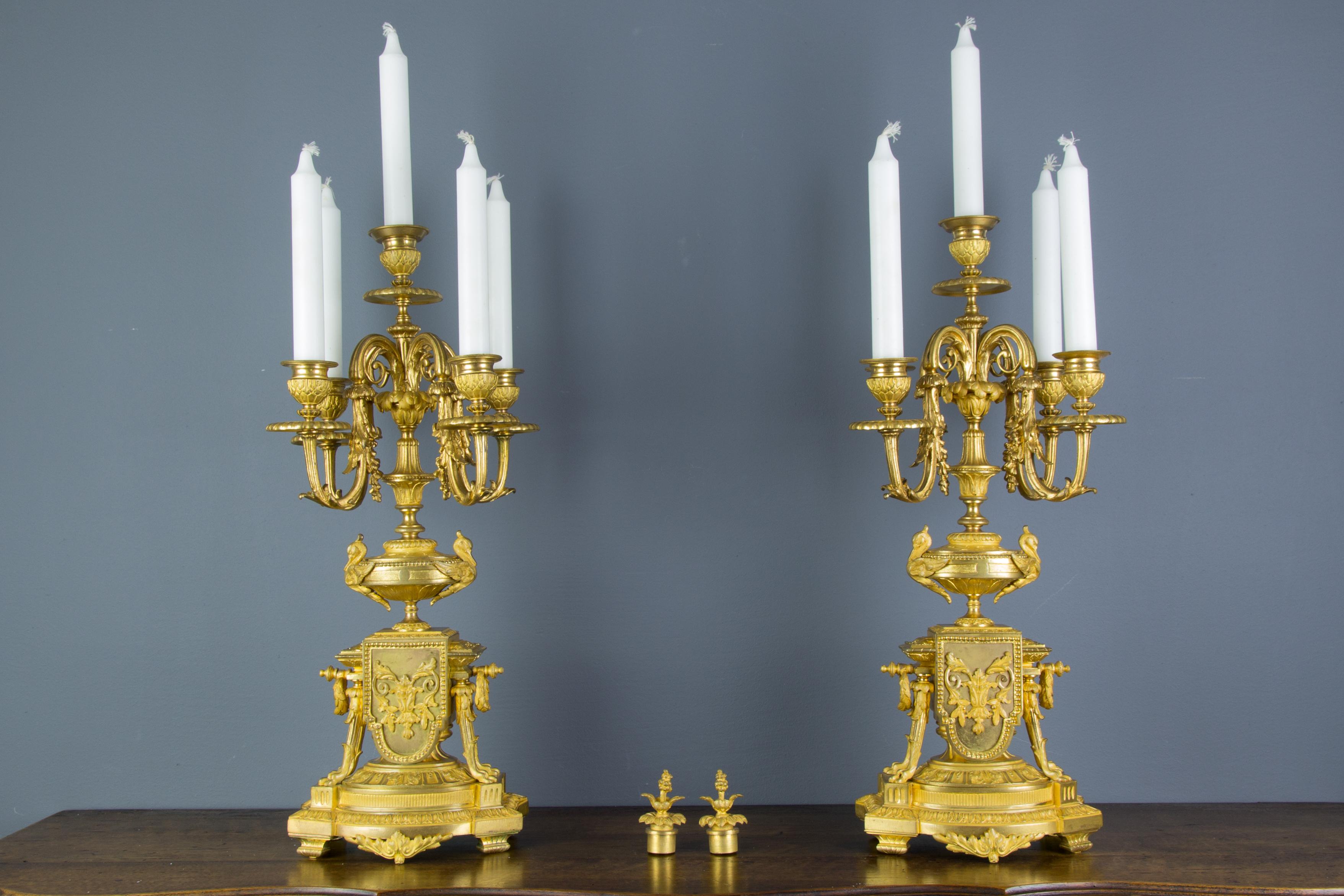 Pair of French Louis XVI Style Gilt Bronze Five-Light Candelabras 16
