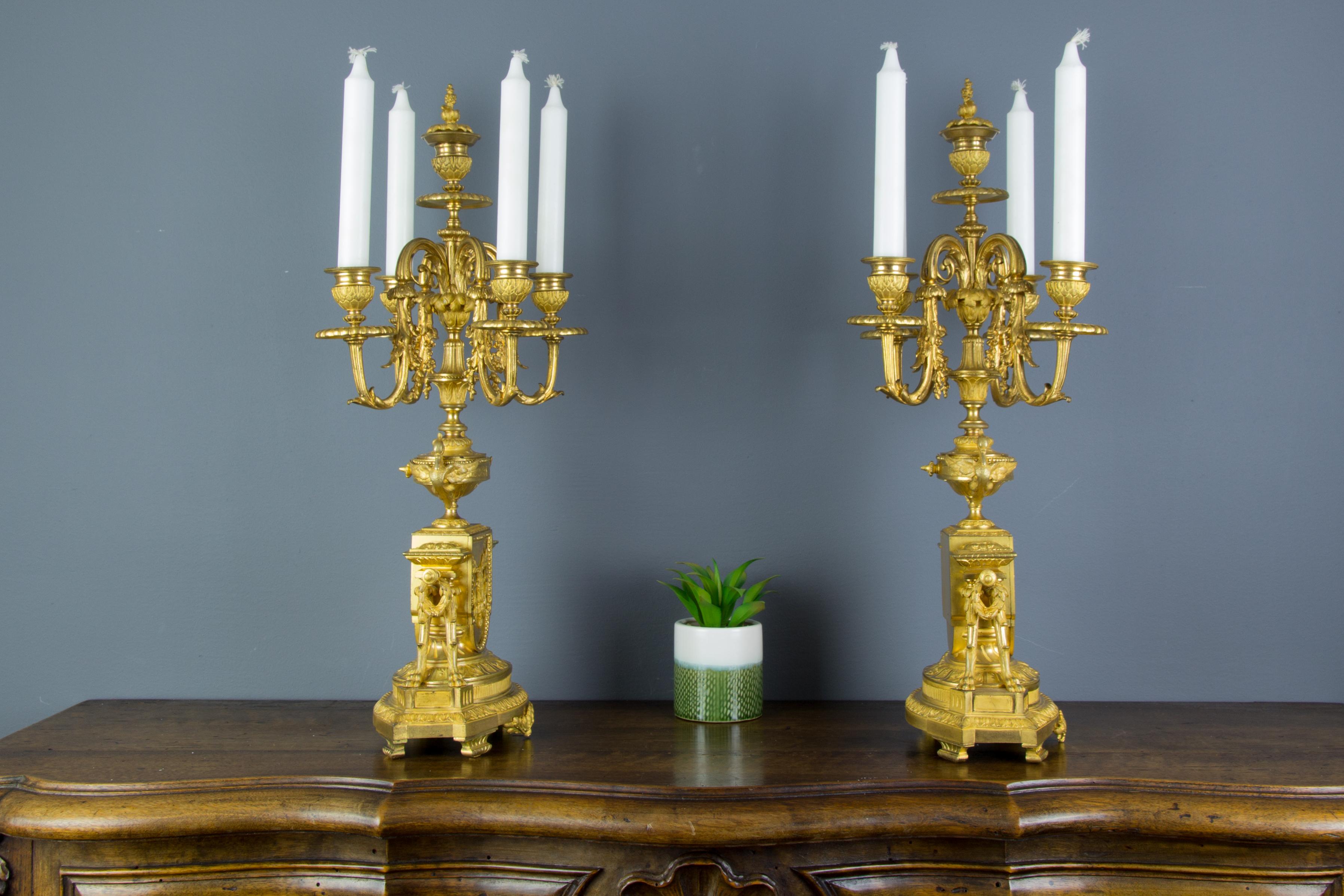 Pair of French Louis XVI Style Gilt Bronze Five-Light Candelabras In Good Condition In Barntrup, DE